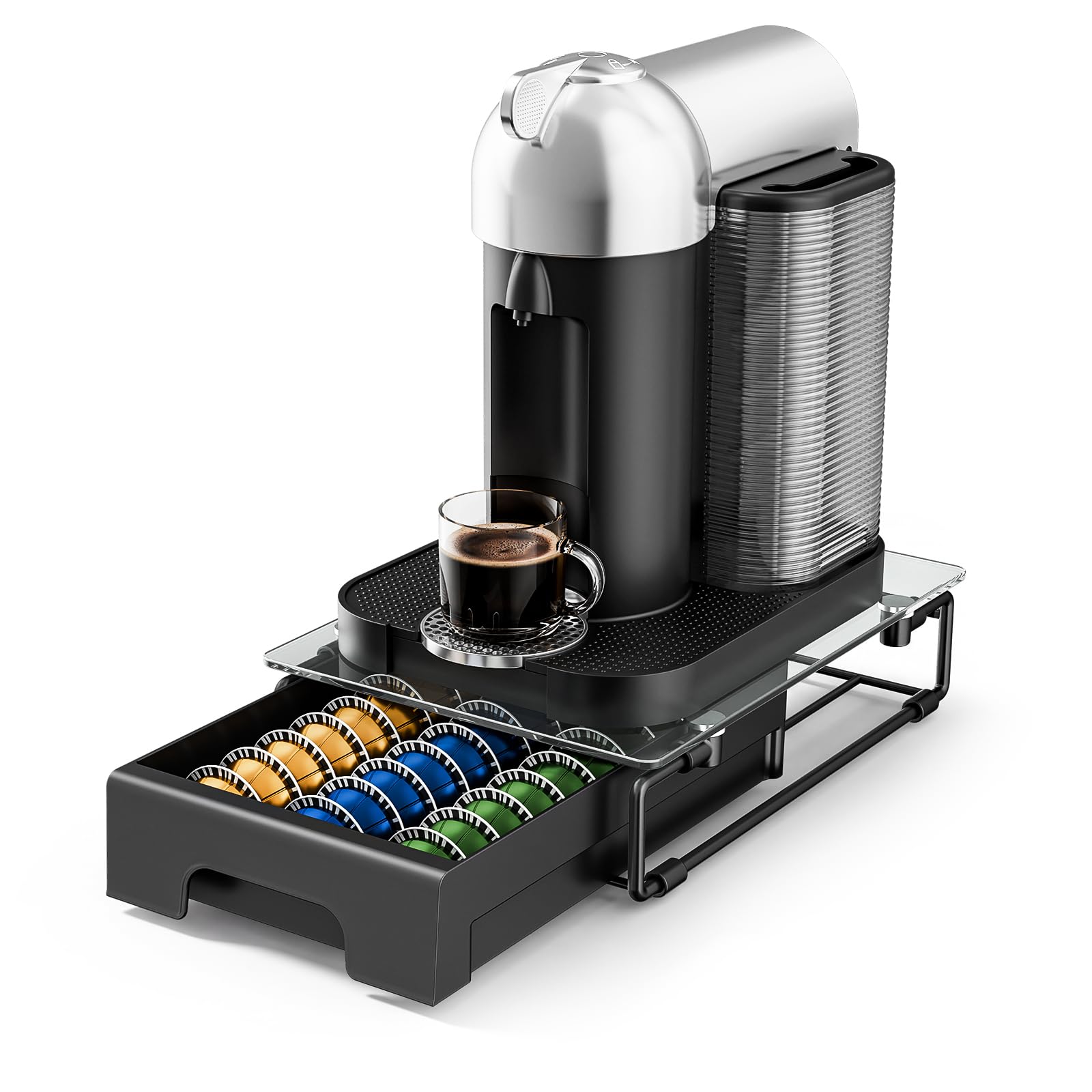 EVERIE Nespresso Vertuo Pod Holder Drawer, Coffee Pod Organizer with Universal Slots, Holds 40 Large or 52 Small Capsules, Tempered Glass Top Storage Drawer for Coffee Makers, 12" x 16.5" x 3.5"