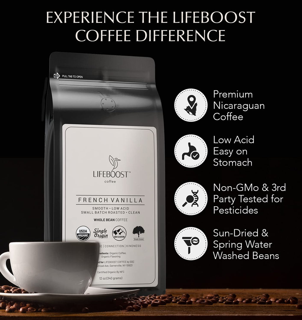 Lifeboost Hazelnut Whole Bean Coffee – Organic, Low Acid, Non-GMO Hazelnut Flavored Coffee – Single Origin, Mold-Free Mycotoxin Tested, 12 oz