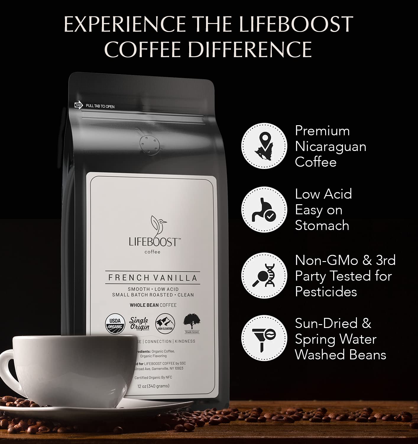 Lifeboost Hazelnut Whole Bean Coffee – Organic, Low Acid, Non-GMO Hazelnut Flavored Coffee – Single Origin, Mold-Free Mycotoxin Tested, 12 oz