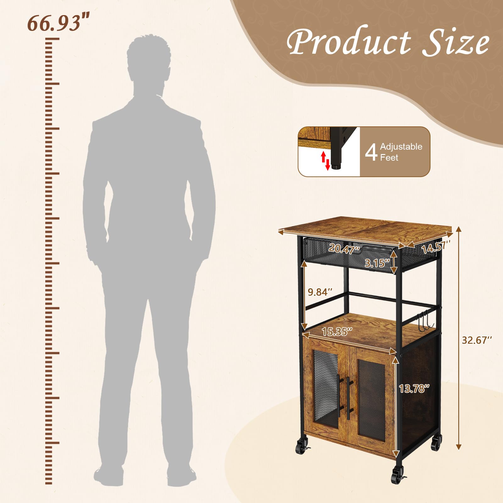 Hencawima Coffee Bar Cabinet, 3 Tier Coffee Station Table on Wheels, 35.9" H Bar Cart with Wire Basket Drawer & 5 Hooks for Home Kitchen, Liquor Buffet Sideboard Cabinet (Rustic Brown)