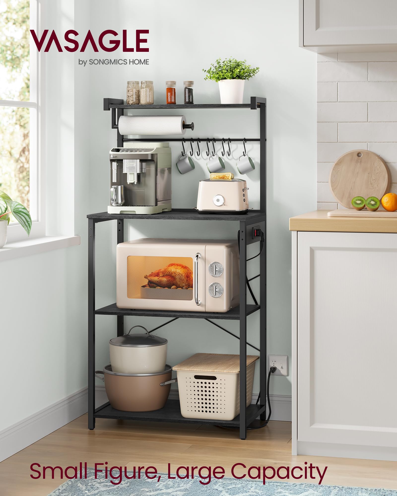 VASAGLE BARNET Collection - Kitchen Bakers Rack with Power Outlet, 31.5-Inch Wide Coffee Bar 4-Tier with 8 S Hooks, Modern Microwave Stand, Adjustable Shelf, Rustic Brown and Ink Black UKKS029KD01