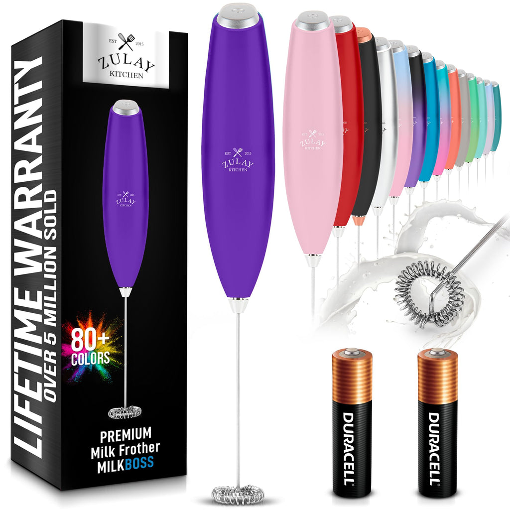 Zulay Kitchen Powerful Milk Frother AA Batteries Included – Ultra Fast Handheld Drink Mixer with Stainless Steel Whisk Stirrer for Coffee, Protein, Matcha & More, Frother Wand Electric Frothmate Black