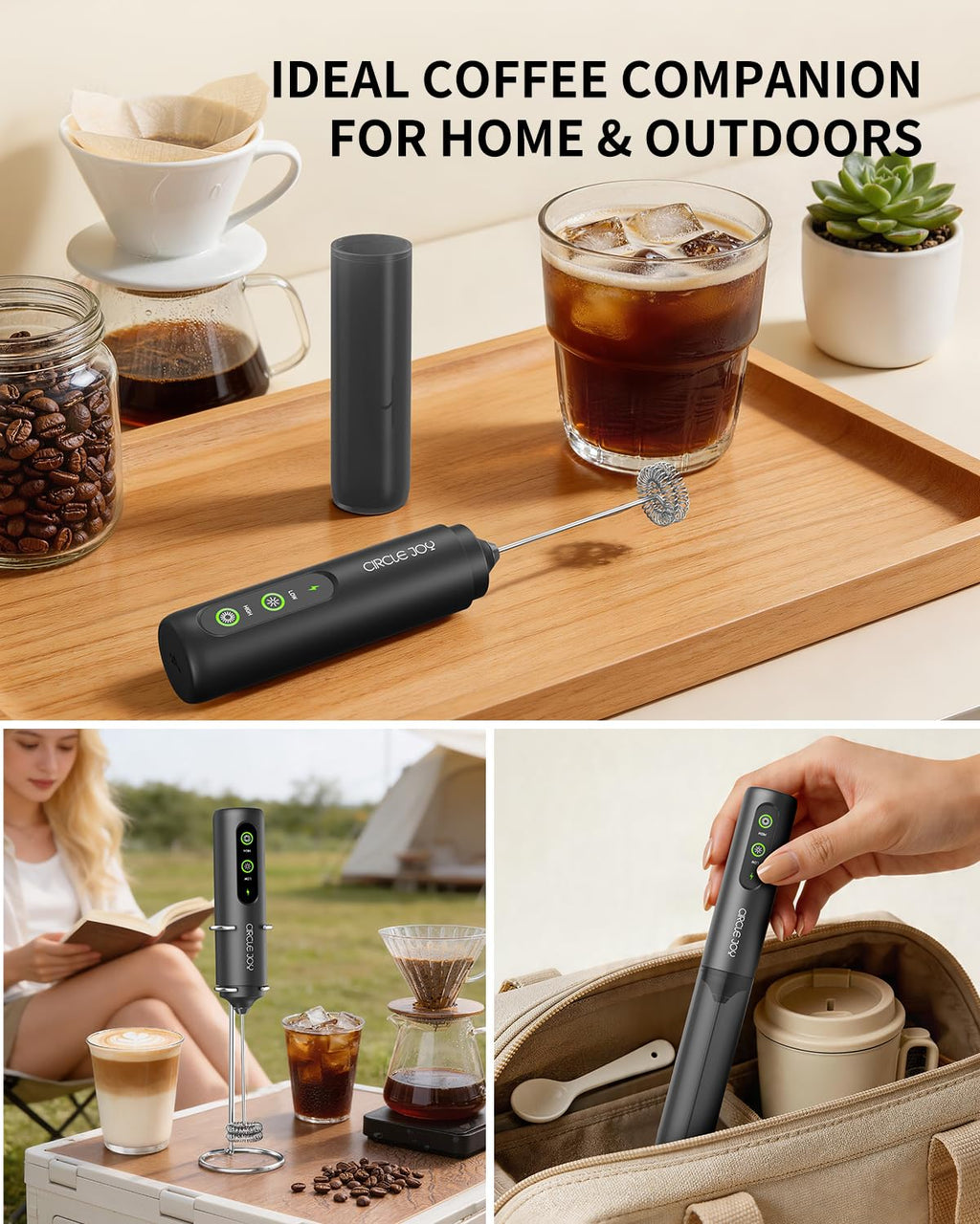 CIRCLE JOY Rechargeable Milk Frother Hanheld, Dual Coil Whisk Head Electric Coffee Frother, Portable Hand Frother Wand Drink Mixer for Matcha Lattes Cappuccino, Kitchen Gifts, Black