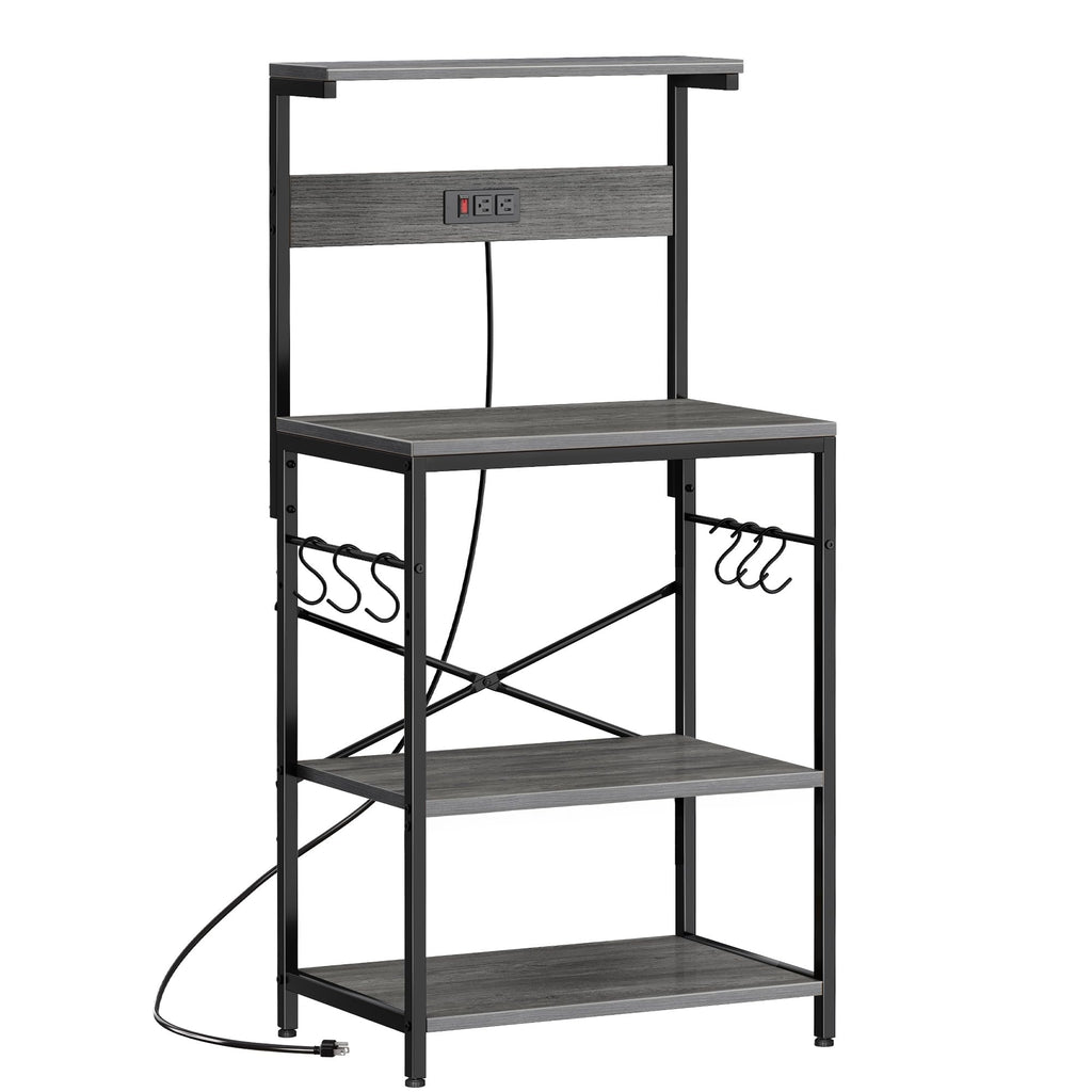SUPERJARE Kitchen Bakers Rack with Power Outlet, Coffee Bar Table 4 Tiers, Kitchen Microwave Stand with 6 S-shaped Hooks, Storage Shelf Rack for Spices, Pots and Pans - Rustic Brown