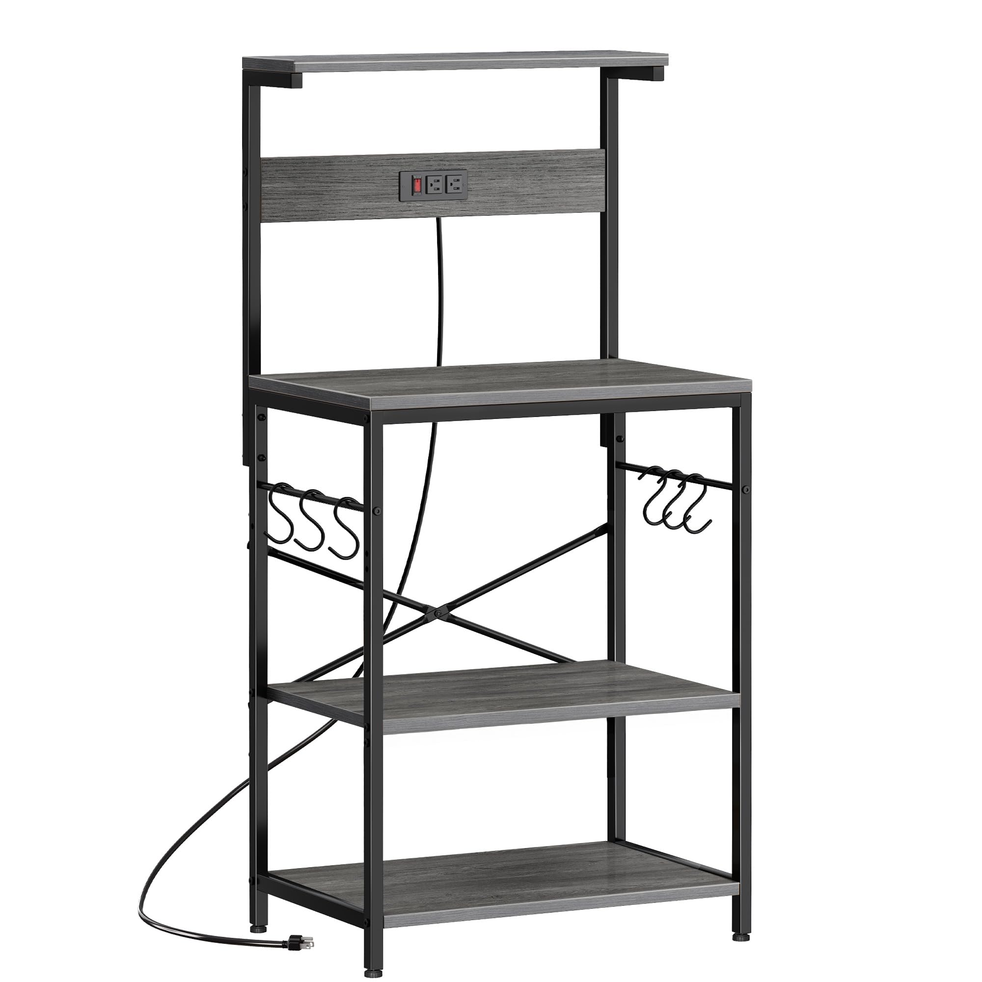 SUPERJARE Kitchen Bakers Rack with Power Outlet, Coffee Bar Table 4 Tiers, Kitchen Microwave Stand with 6 S-shaped Hooks, Storage Shelf Rack for Spices, Pots and Pans - Rustic Brown