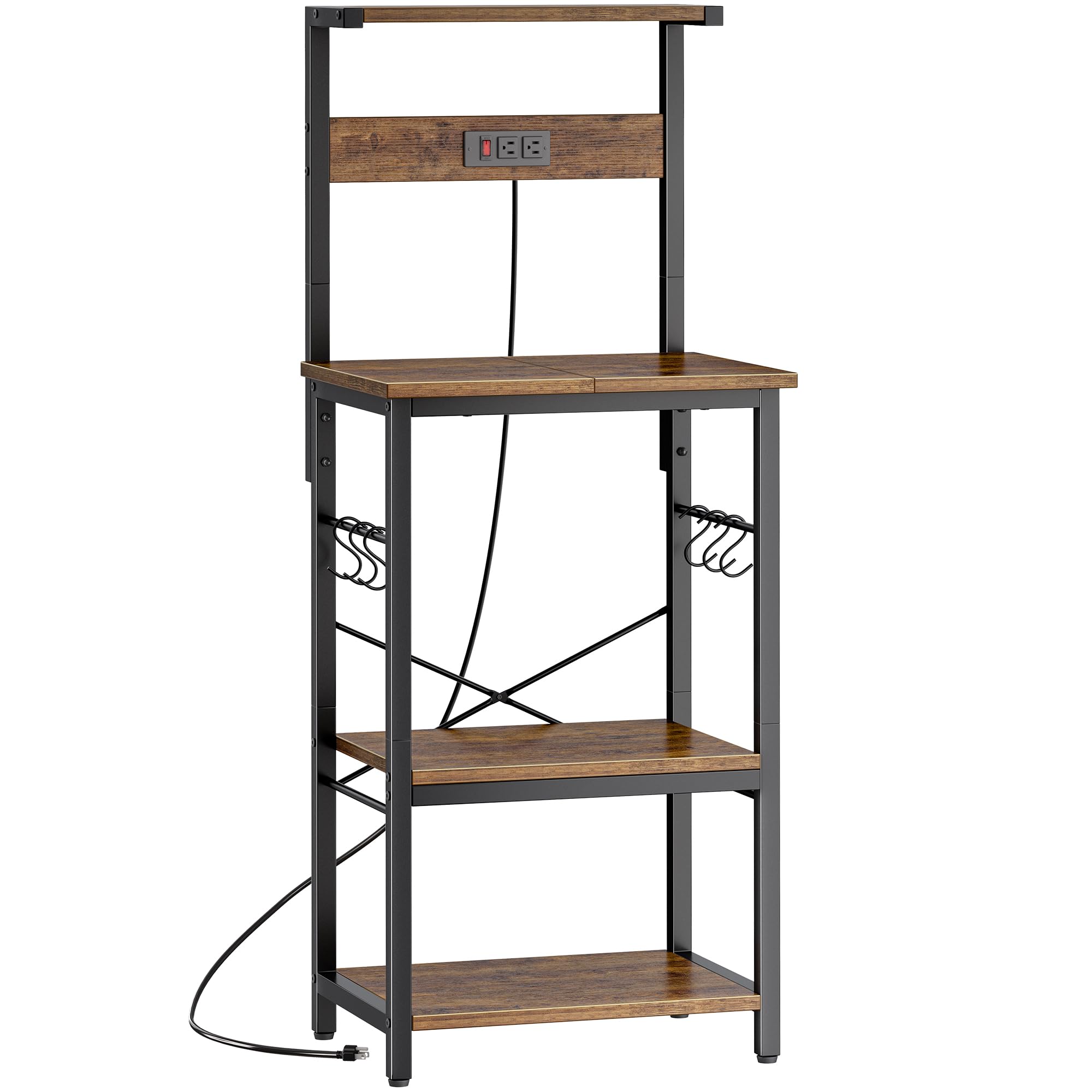 SUPERJARE Kitchen Bakers Rack with Power Outlet, Coffee Bar Table 4 Tiers, Kitchen Microwave Stand with 6 S-shaped Hooks, Storage Shelf Rack for Spices, Pots and Pans - Rustic Brown
