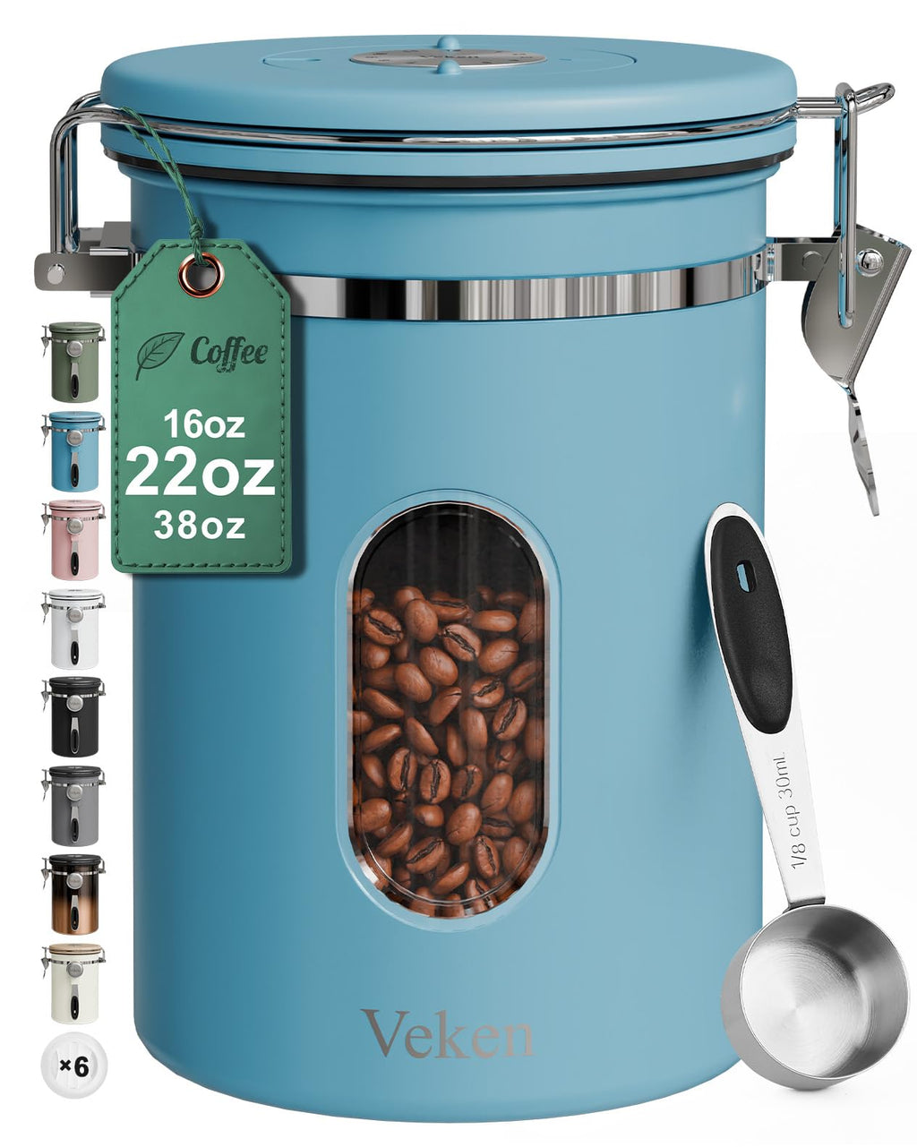 Veken Coffee Canister with Window,Airtight Stainless Steel Pantry Container,Home Kitchen Food Storage Organizers for Ground,Beans,Espresso,Rice,Tea,Sugar,Cereal, Decor,Bar Accessories,Gifts,22OZ,Black