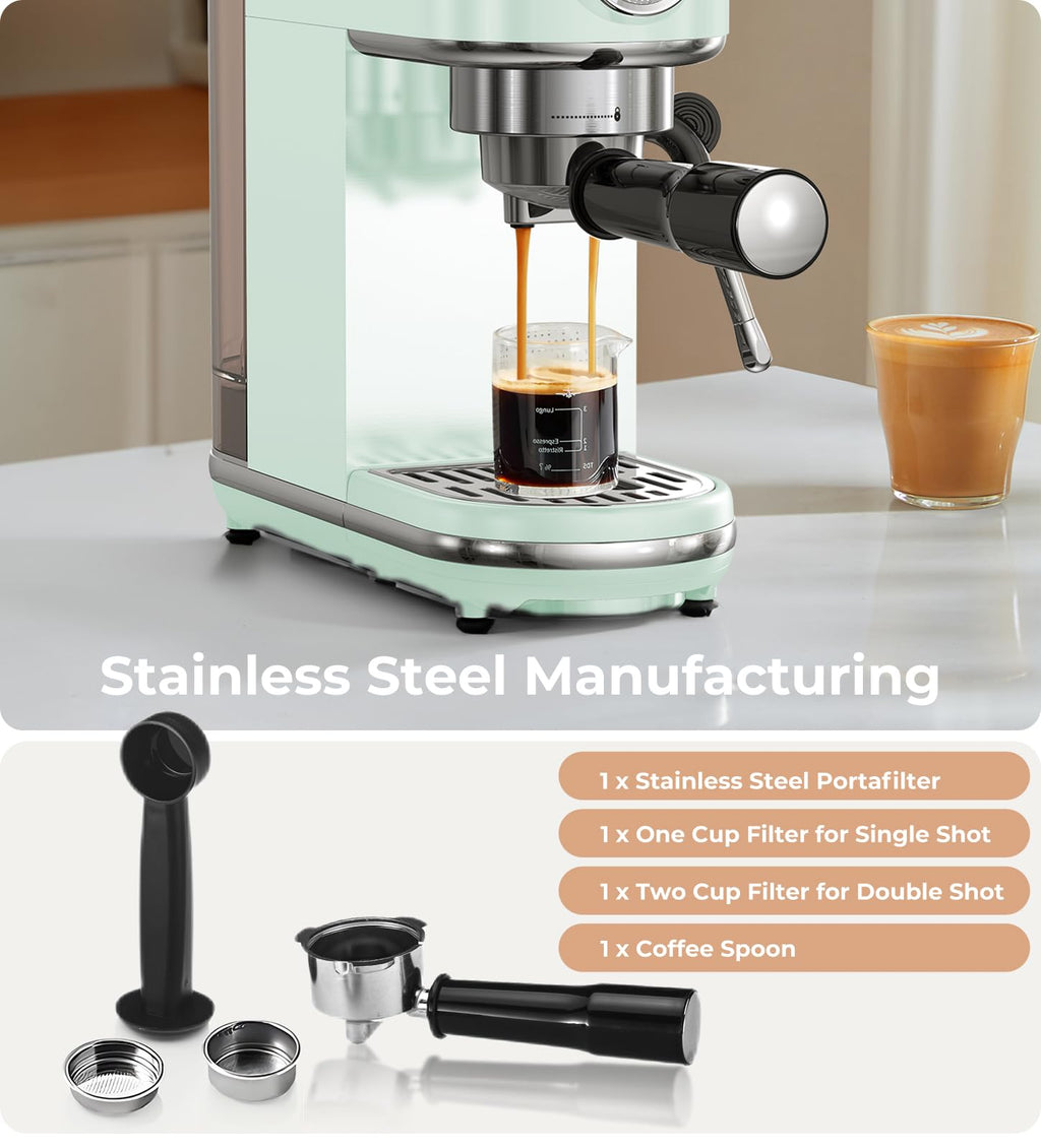 atatix Espresso Machine with Milk Frother, 20 Bar Pressure Espresso Maker, with 44OZ Removable Tank, Compact Stainless Steel Coffee Machine for Home, Office, Latte, Cappuccino, Macchiato, Silver