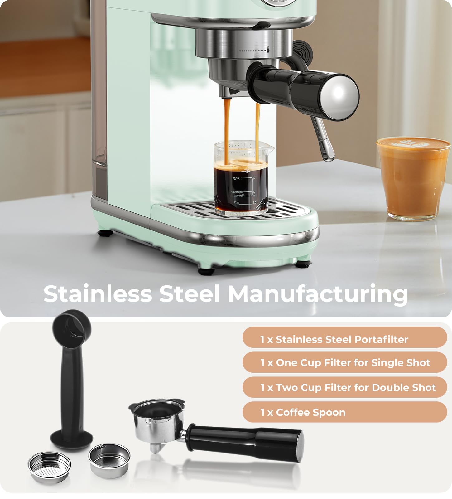 atatix Espresso Machine with Milk Frother, 20 Bar Pressure Espresso Maker, with 44OZ Removable Tank, Compact Stainless Steel Coffee Machine for Home, Office, Latte, Cappuccino, Macchiato, Silver