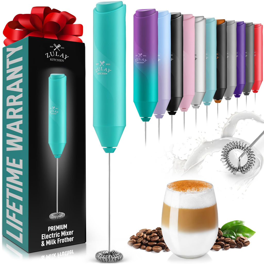 Zulay Kitchen Powerful Milk Frother AA Batteries Included – Ultra Fast Handheld Drink Mixer with Stainless Steel Whisk Stirrer for Coffee, Protein, Matcha & More, Frother Wand Electric Frothmate Black