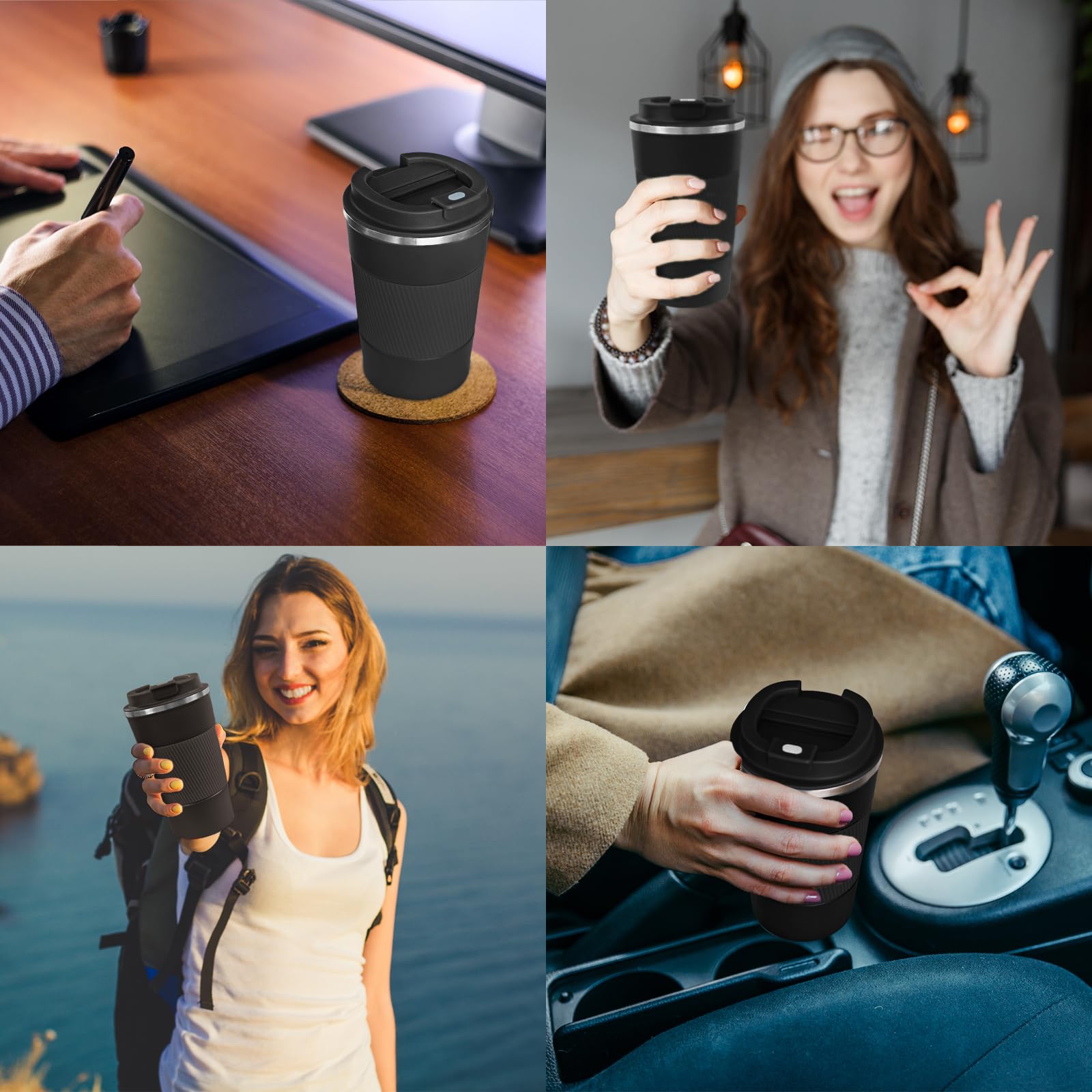 4 Pack Insulated Coffee Mug with Lid 17oz Travel Coffee Tumbler Stainless Steel Reusable Coffee Cups Thermal Coffee Mug for Hot and Iced Cold Drinks, Multicolor