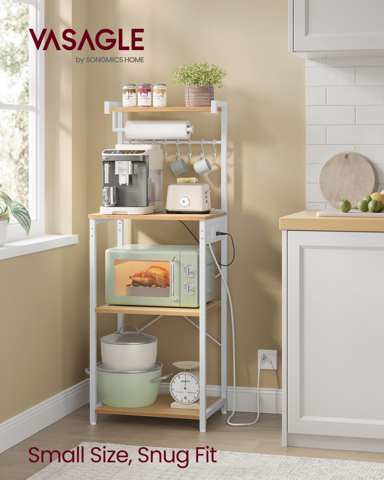 VASAGLE BARNET Collection - Kitchen Bakers Rack with Power Outlet, 31.5-Inch Wide Coffee Bar 4-Tier with 8 S Hooks, Modern Microwave Stand, Adjustable Shelf, Rustic Brown and Ink Black UKKS029KD01