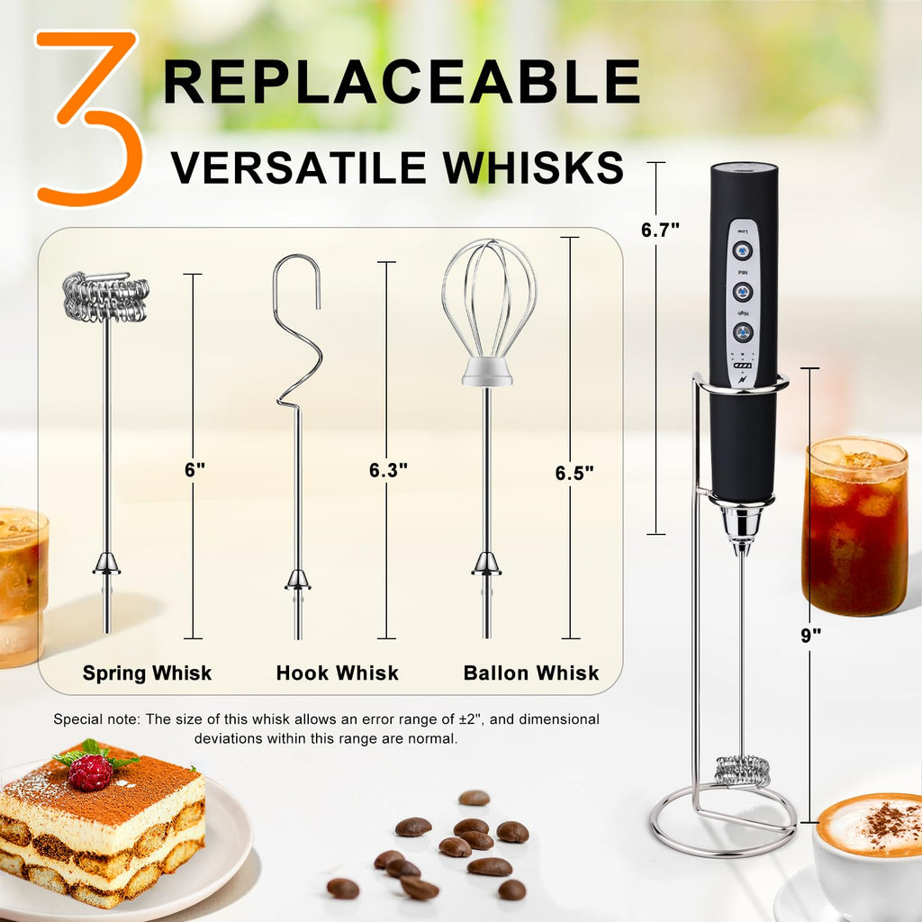 YUSWKO Black Handheld Milk Frother Wand for Coffee, Rechargeable Electric Whisk with 3 Heads 3 Speeds Drink Mixer Coffee Frother For Latte, Cappuccino, Hot Chocolate, Egg