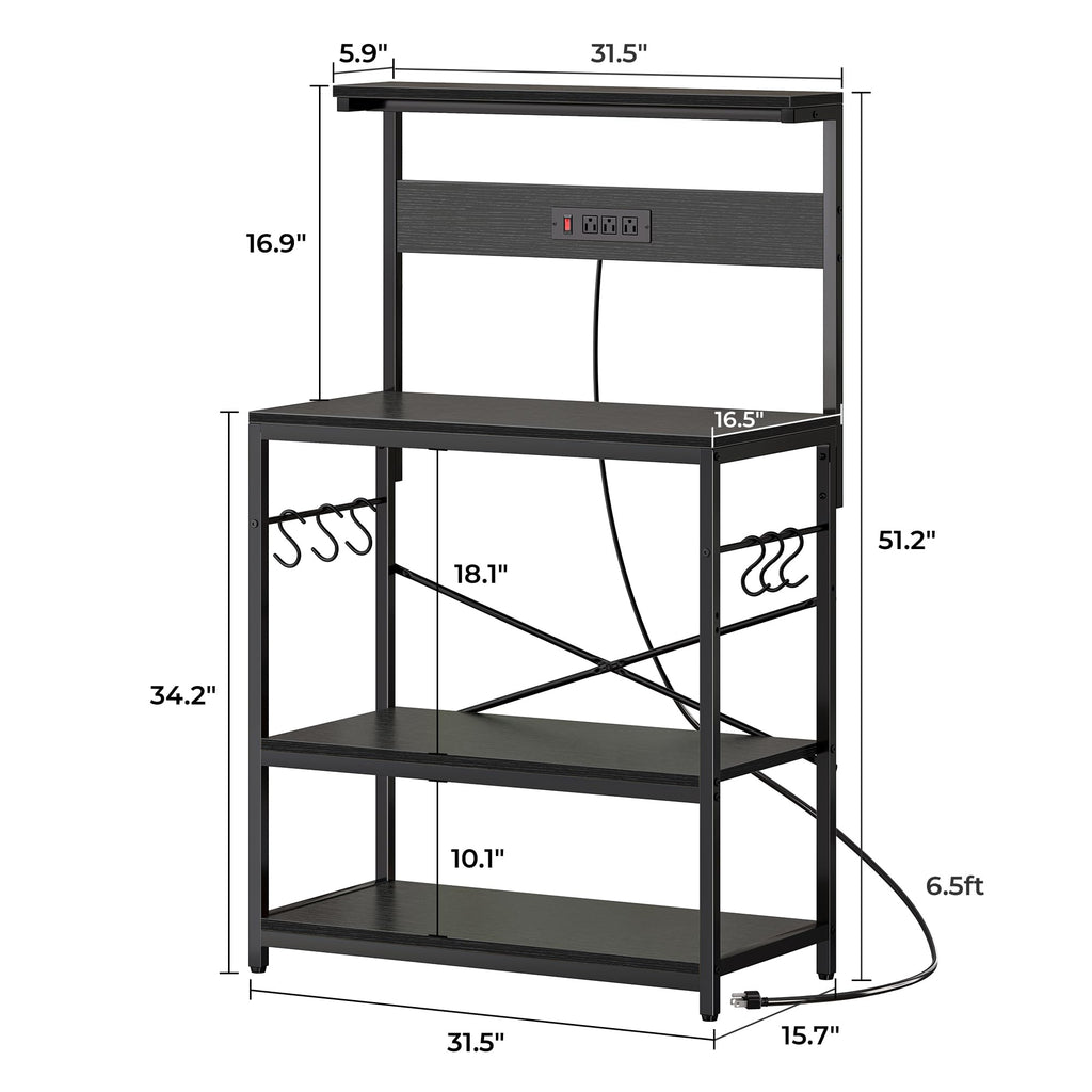 SUPERJARE Kitchen Bakers Rack with Power Outlet, Coffee Bar Table 4 Tiers, Kitchen Microwave Stand with 6 S-shaped Hooks, Storage Shelf Rack for Spices, Pots and Pans - Rustic Brown