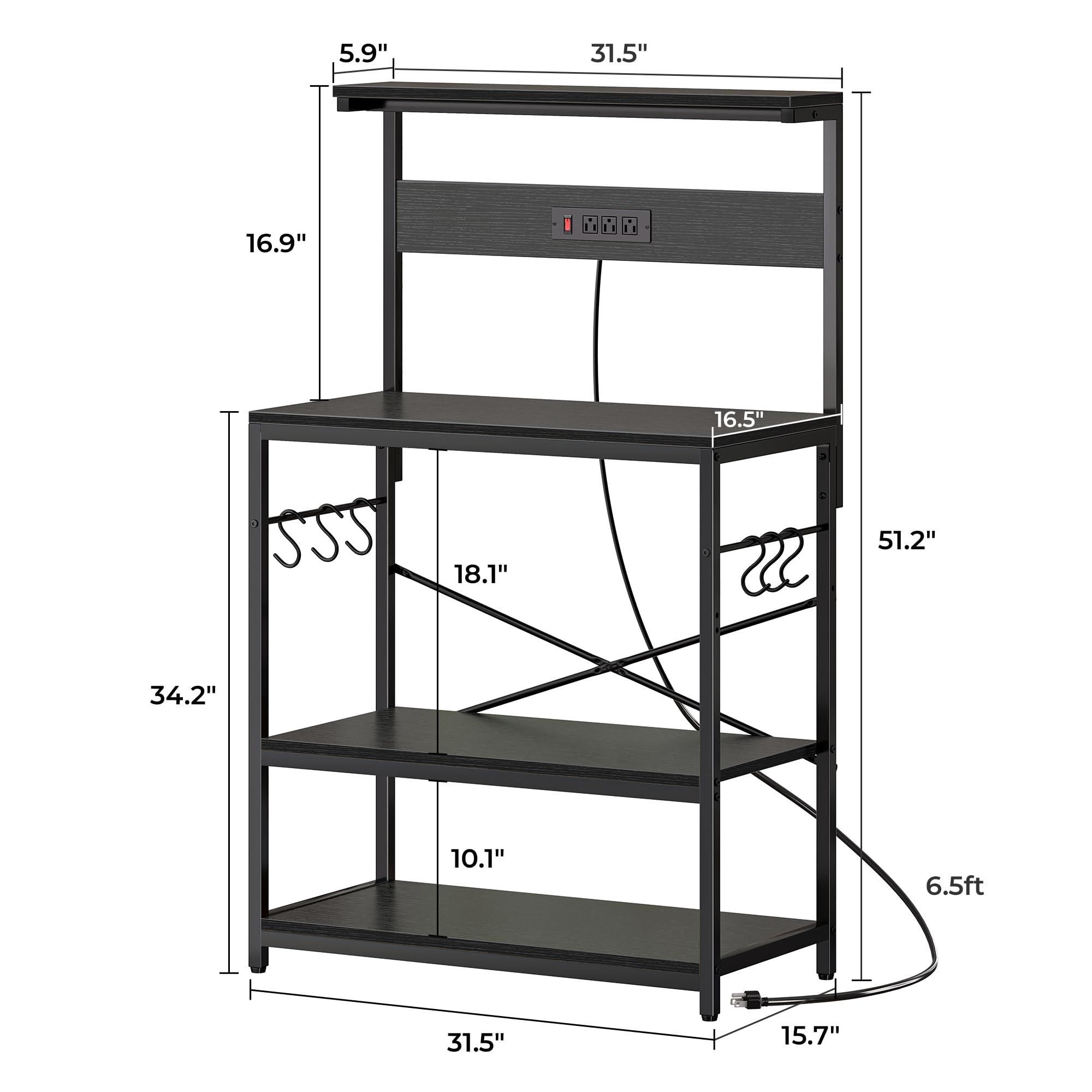 SUPERJARE Kitchen Bakers Rack with Power Outlet, Coffee Bar Table 4 Tiers, Kitchen Microwave Stand with 6 S-shaped Hooks, Storage Shelf Rack for Spices, Pots and Pans - Rustic Brown