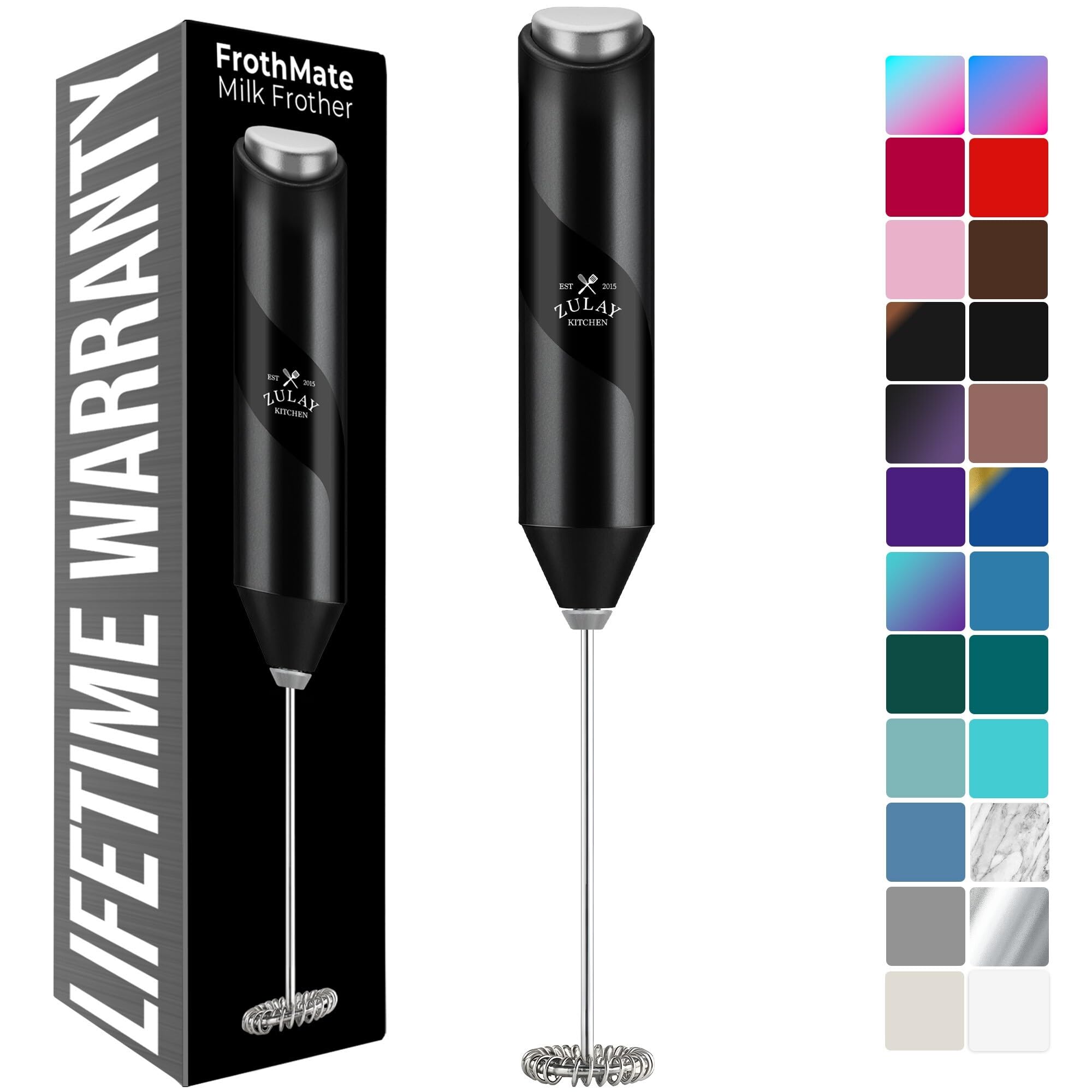 Zulay Kitchen Powerful Milk Frother AA Batteries Included – Ultra Fast Handheld Drink Mixer with Stainless Steel Whisk Stirrer for Coffee, Protein, Matcha & More, Frother Wand Electric Frothmate Black