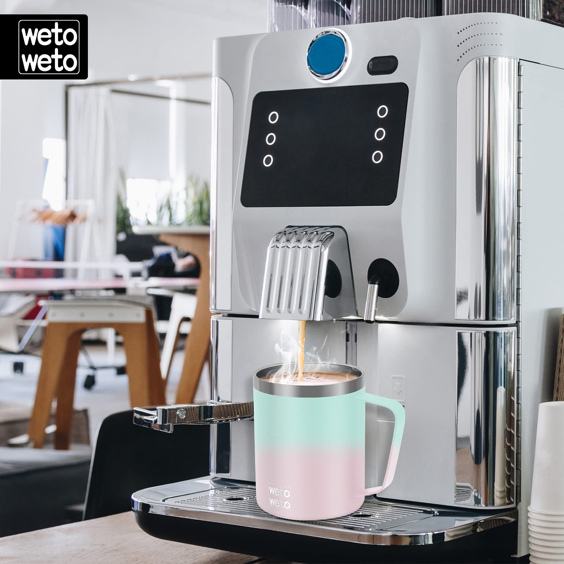 WETOWETO Coffee Mug with Handle, 14oz Insulated Stainless Steel Coffee Travel Mug, Double Wall Vacuum Reusable Coffee Cup with Lid, Powder Coated Rose Gold