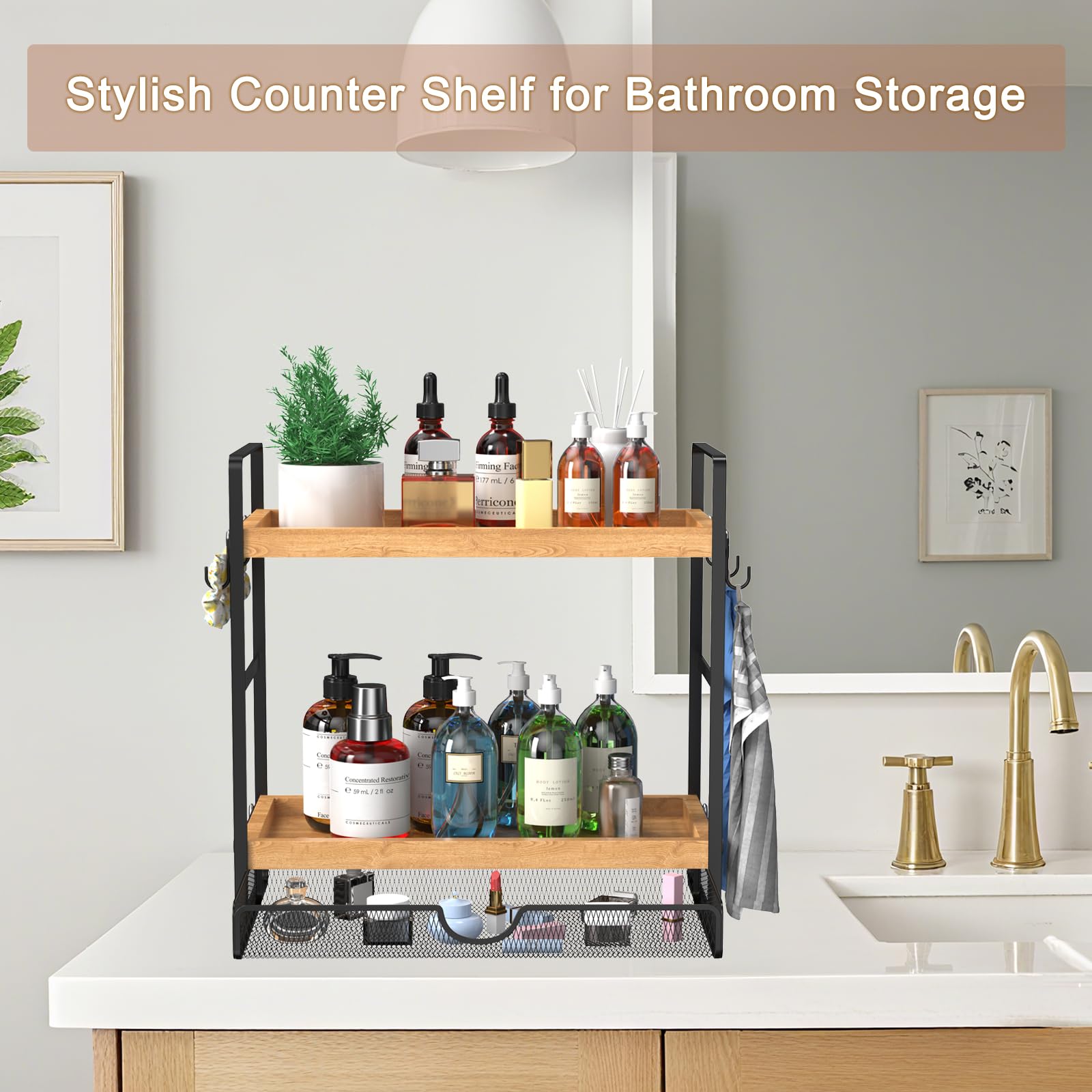 LEMIKKLE Coffee Station Organizer with Pod Holder and Drawer, Kitchen Countertop Organizer, Coffee Bar Accessories Station with Coffee Pod Storage, 2-Tier Wood Coffee Organizer With 6 Hooks