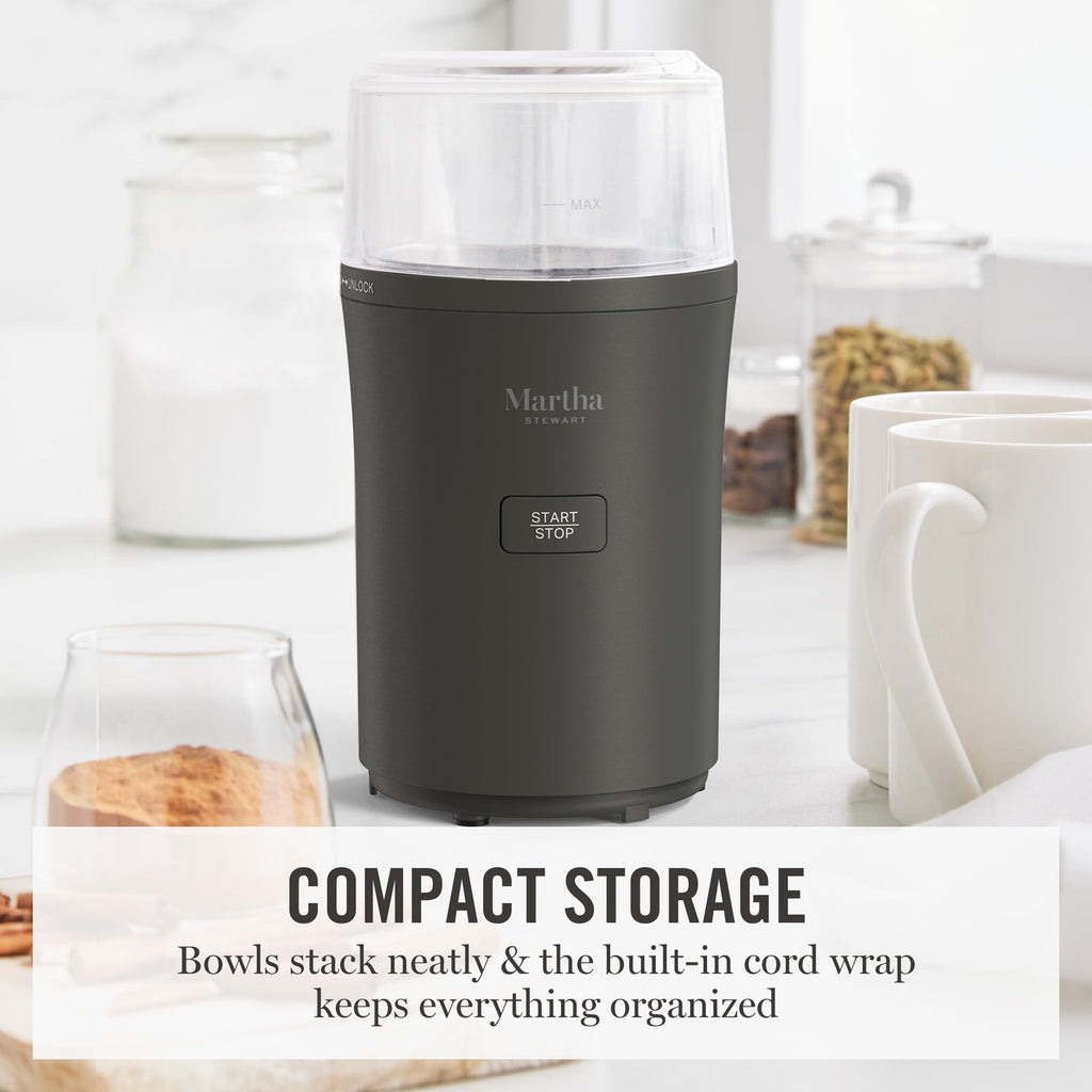 Martha Stewart Electric Coffee & Spice Grinder, Dual 2.5oz Removable Bowls, Storage Lids, Stainless Steel Blades, One Touch Pulse Control, 2-in-1 Compact, Beans & Spices, Herbs & Nuts, Honeydew Green