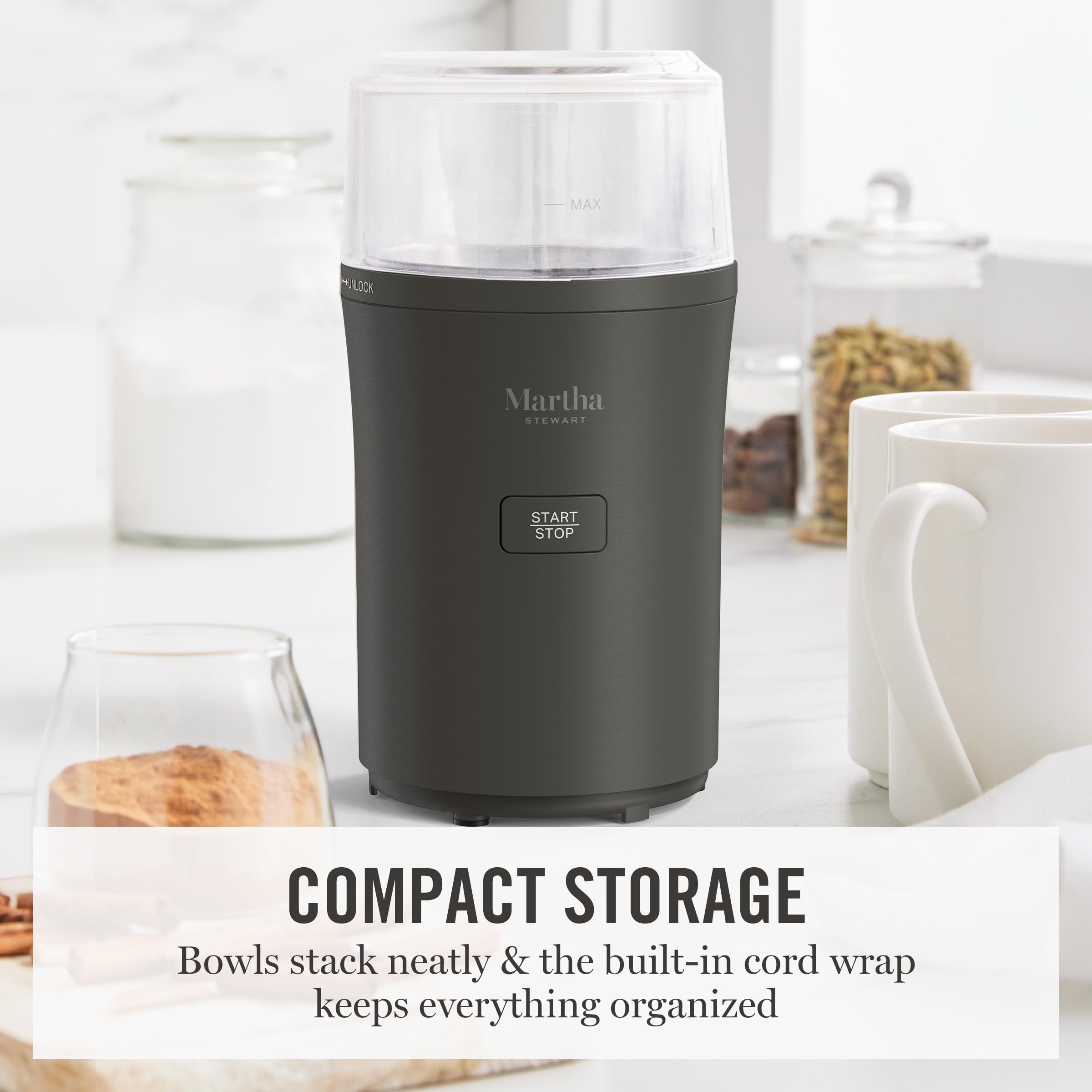 Martha Stewart Electric Coffee & Spice Grinder, Dual 2.5oz Removable Bowls, Storage Lids, Stainless Steel Blades, One Touch Pulse Control, 2-in-1 Compact, Beans & Spices, Herbs & Nuts, Honeydew Green