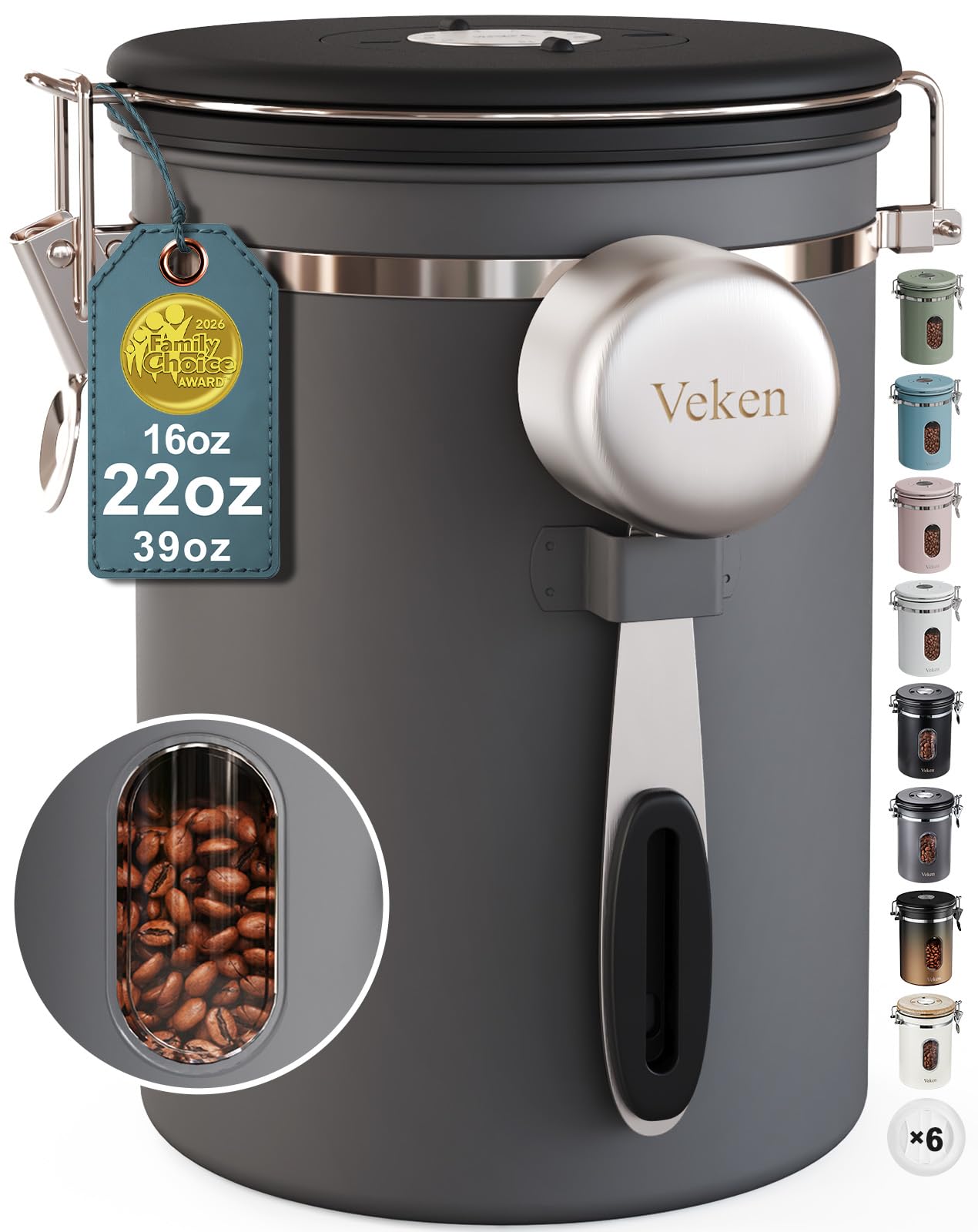 Veken Coffee Canister with Window,Airtight Stainless Steel Pantry Container,Kitchen Food Storage Organizers for Beans,Ground,Espresso,Rice,Tea,Sugar, Cereal, Bar Accessories,Gifts,Lids,Jars,22OZ,Black