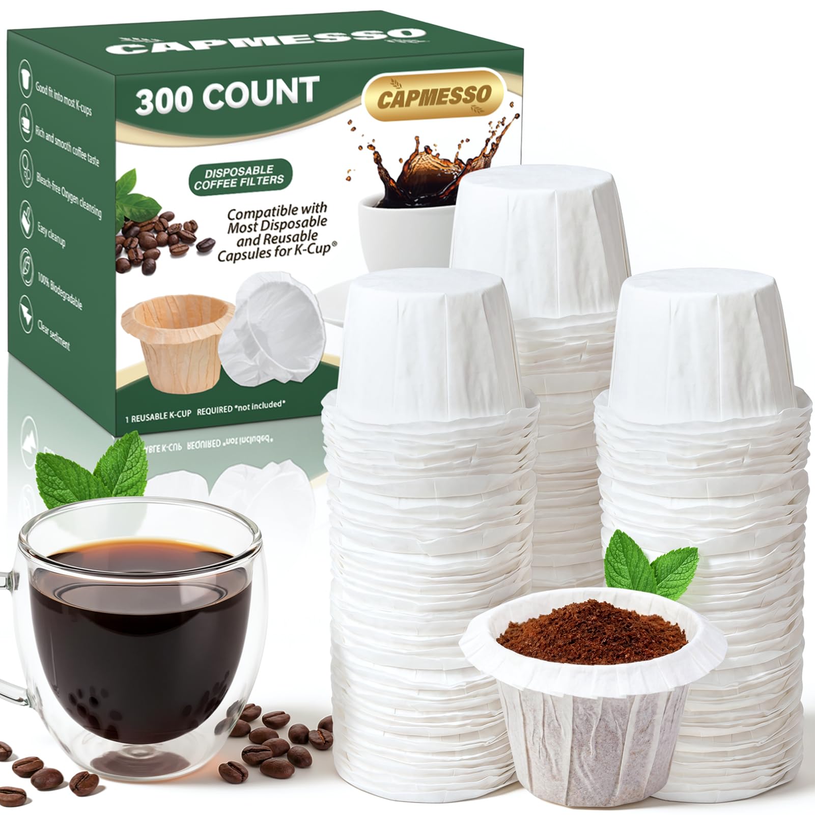 CAPMESSO Disposable Coffee Paper Filters Replacement Keurg Filter Compatible with Reusable Single Serve Pods Keurg Coffee Maker-300 Count (Natural)