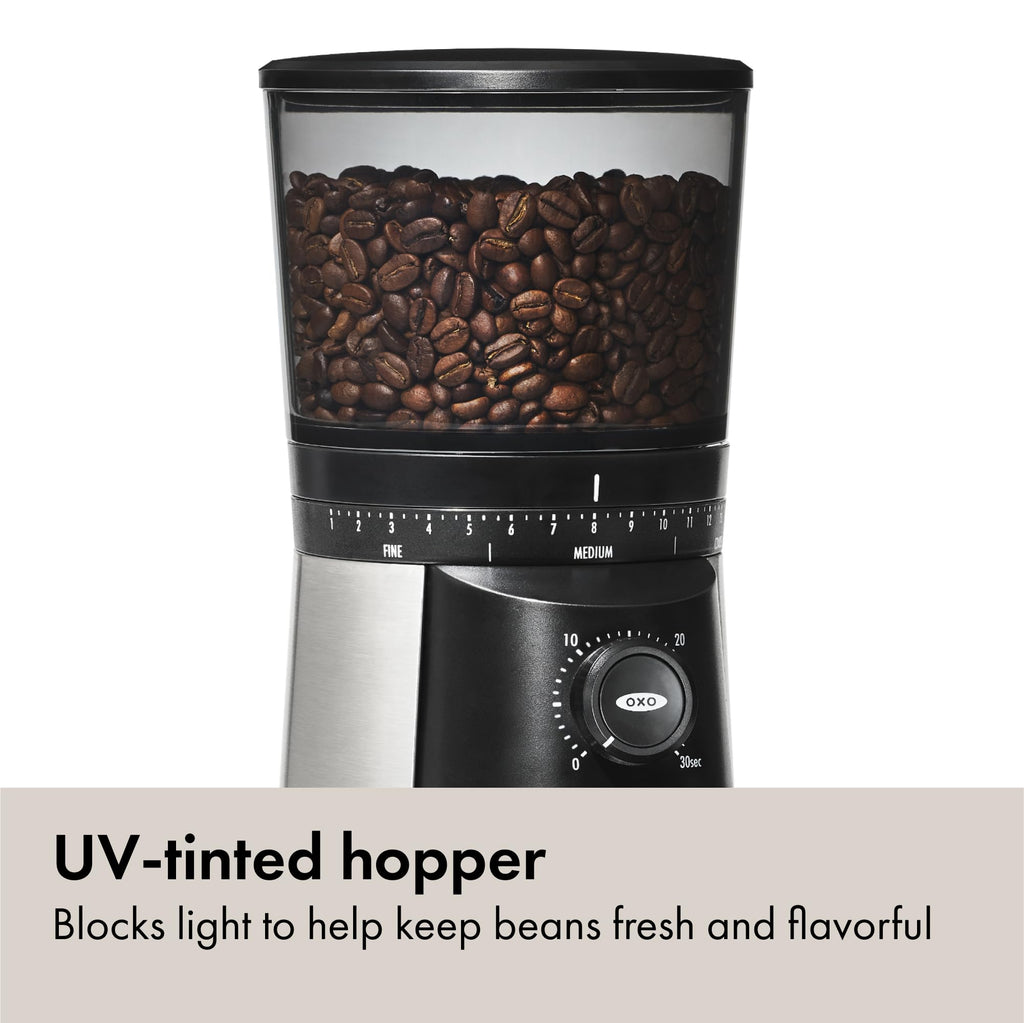 OXO Brew Conical Burr Coffee Grinder - Silver, Stainless Steel Burrs, One-Touch Automatic Smart Grind