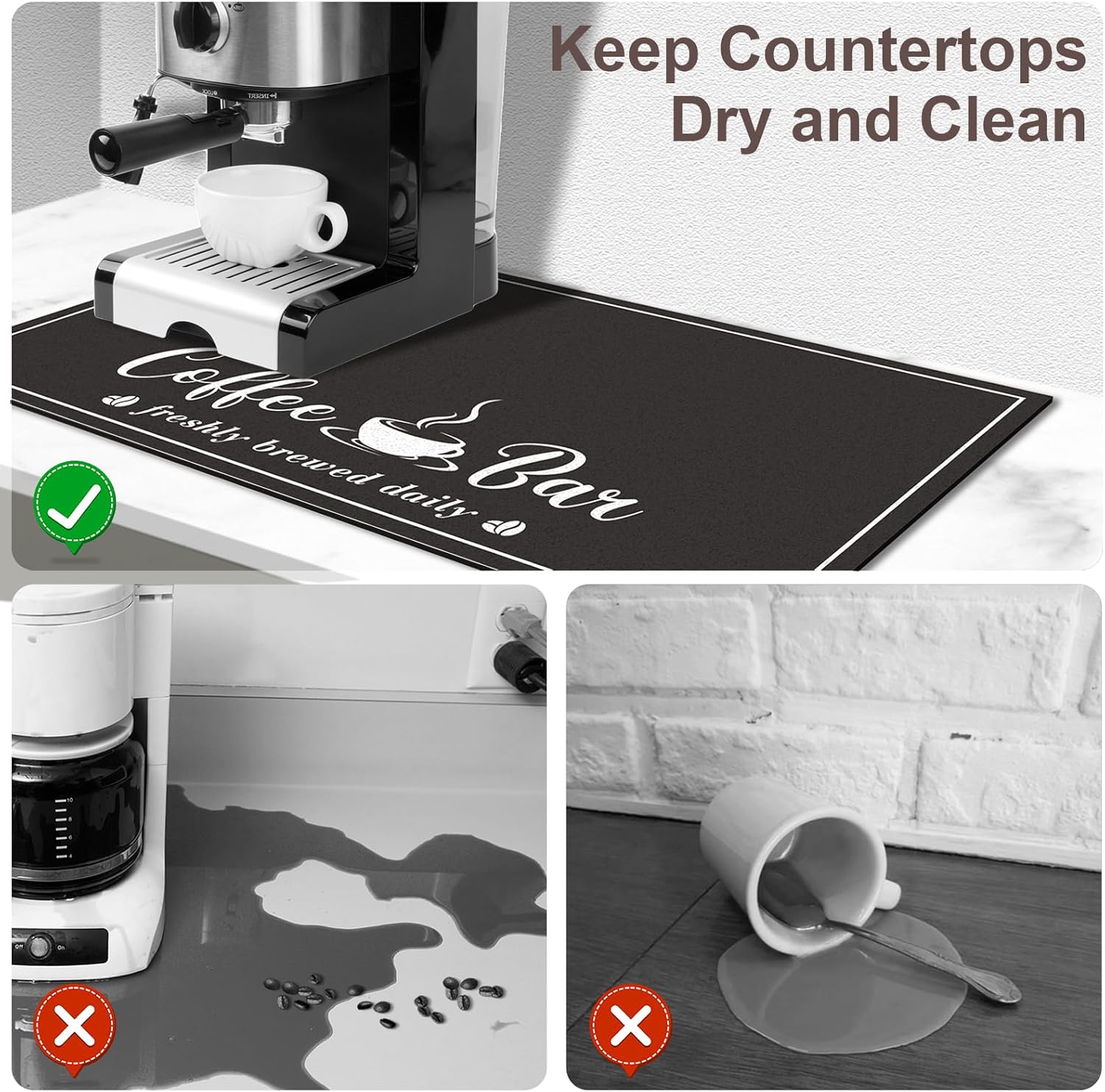 Absorbent Coffee Mat, Fashion Dish Drying Mat for Kitchen Counter Coffee Bar Accessories Espresso Machine Dish Rack 12" x 20" Black