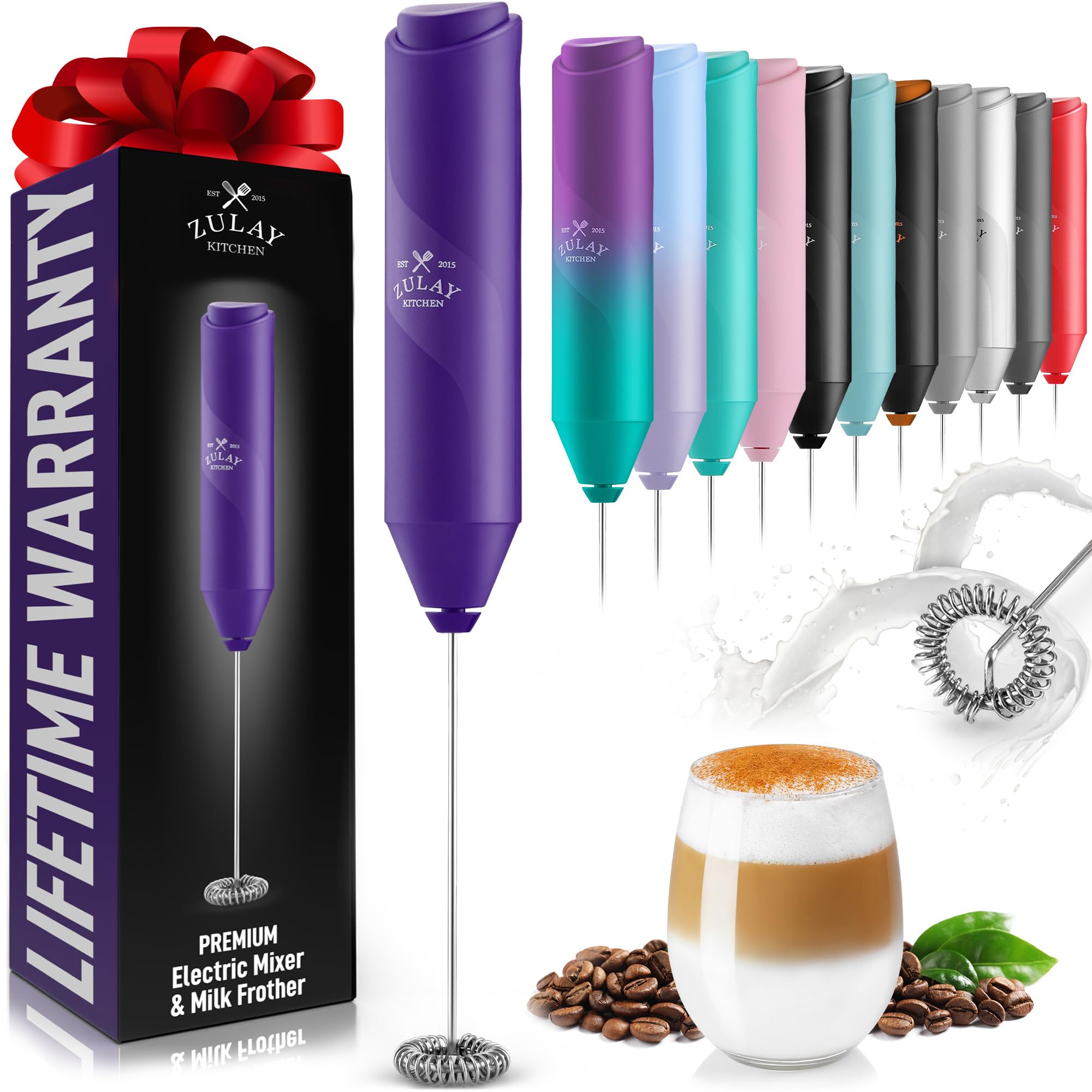Zulay Kitchen Powerful Milk Frother AA Batteries Included – Ultra Fast Handheld Drink Mixer with Stainless Steel Whisk Stirrer for Coffee, Protein, Matcha & More, Frother Wand Electric Frothmate Black