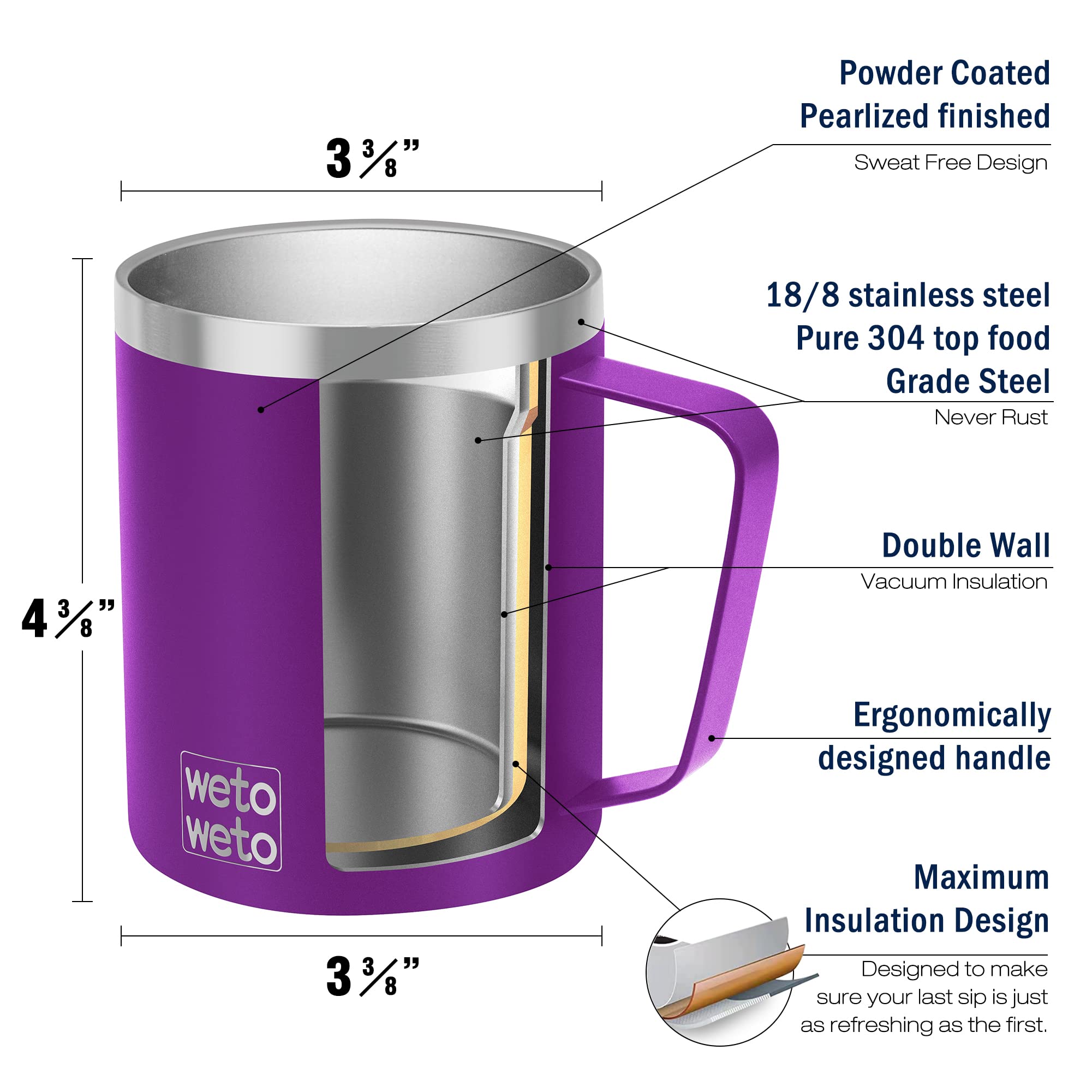 WETOWETO Coffee Mug with Handle, 14oz Insulated Stainless Steel Coffee Travel Mug, Double Wall Vacuum Reusable Coffee Cup with Lid, Powder Coated Rose Gold