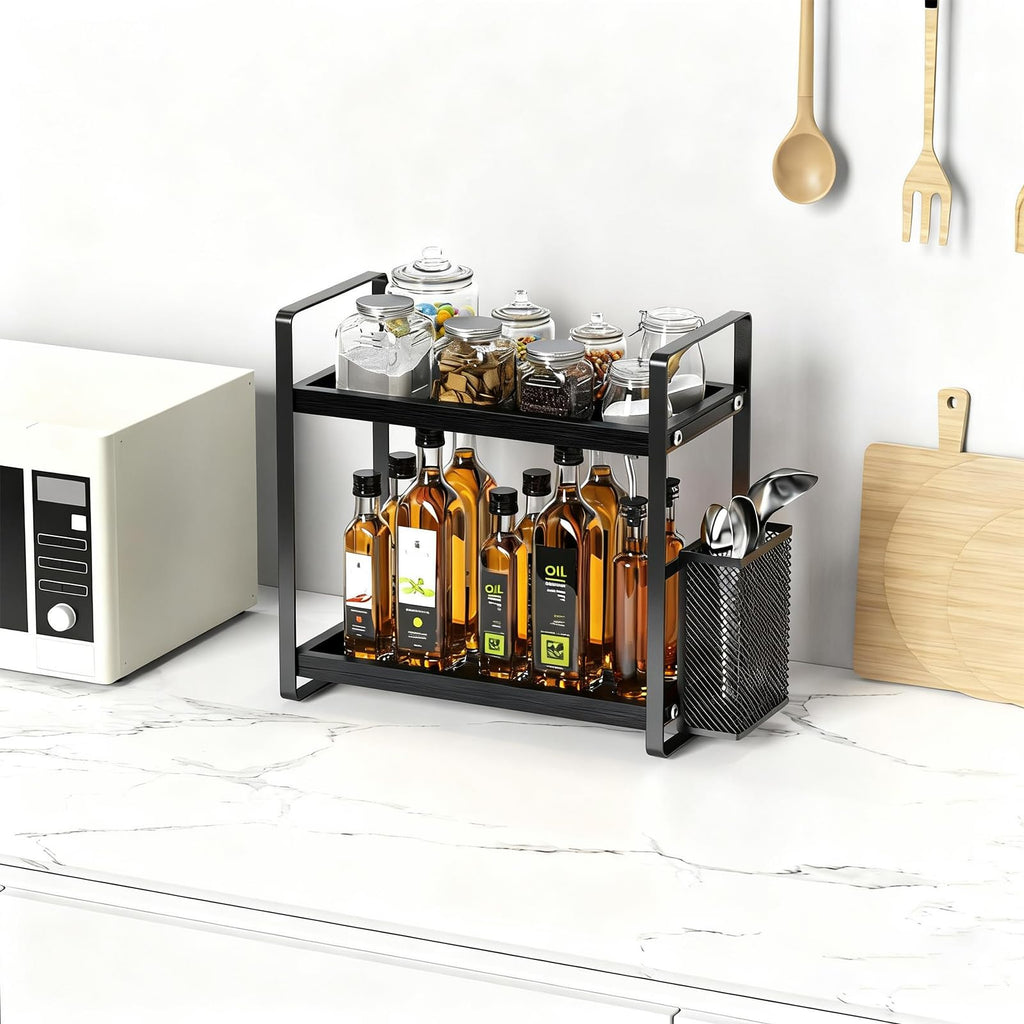 LEMIKKLE Coffee Station Organizer with Pod Holder and Drawer, Kitchen Countertop Organizer, Coffee Bar Accessories Station with Coffee Pod Storage, 2-Tier Wood Coffee Organizer With 6 Hooks