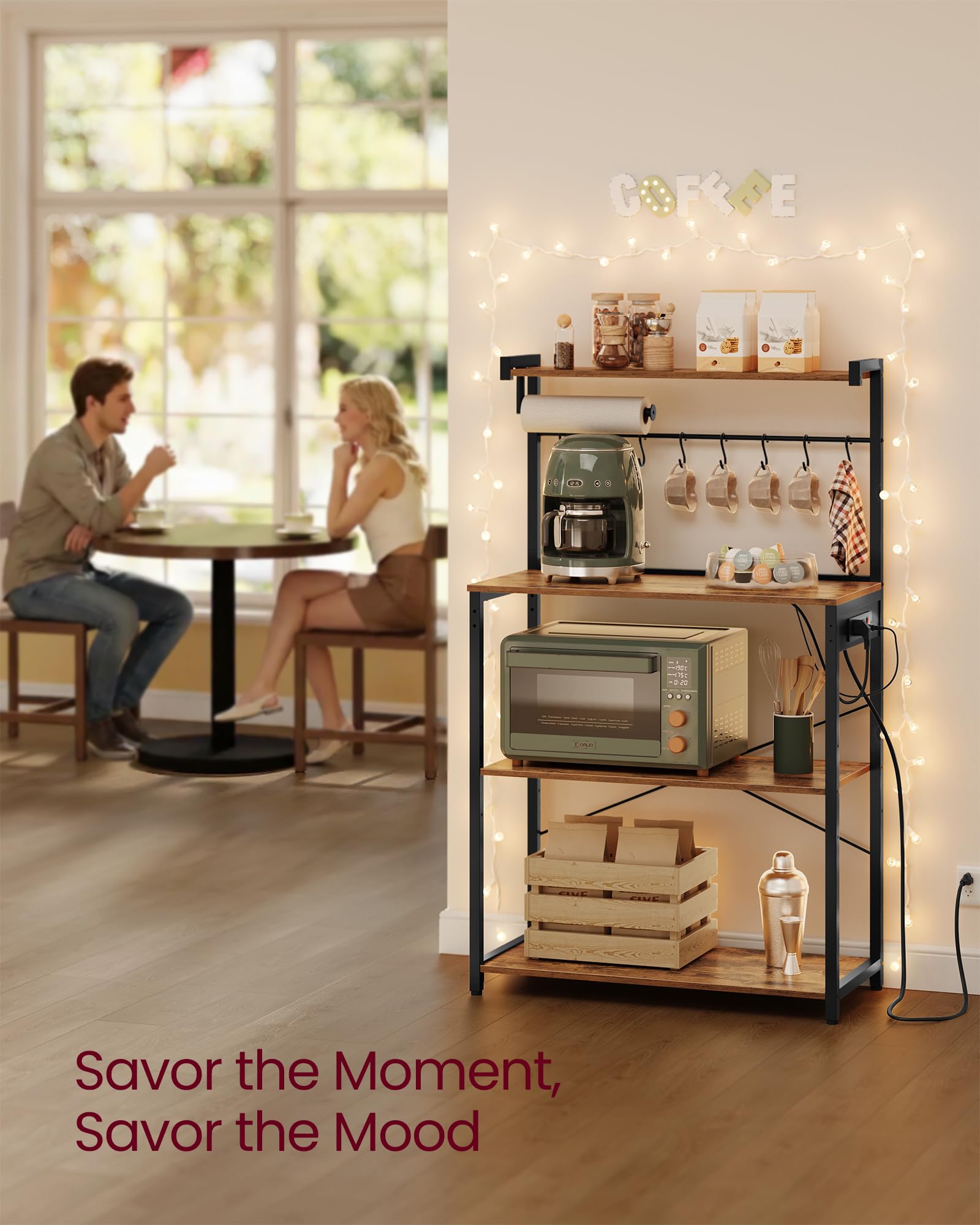 VASAGLE BARNET Collection - Kitchen Bakers Rack with Power Outlet, 31.5-Inch Wide Coffee Bar 4-Tier with 8 S Hooks, Modern Microwave Stand, Adjustable Shelf, Rustic Brown and Ink Black UKKS029KD01