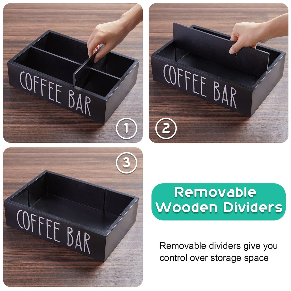 ALELION Coffee Station Organizer - Wood Countertop Accessories Organizer with Removable Dividers for Pods Condiment Syrup Tea Cups Stirrers - for Farmhouse Coffee Bar Decor