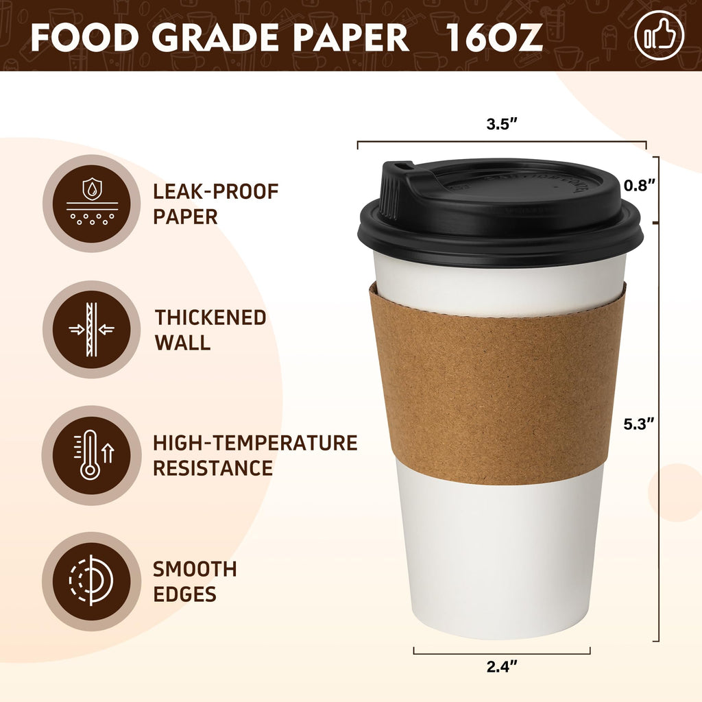 YEEHAW 100 Pack 16 oz Disposable Coffee Cups with Lids, Heat & Leak-proof Paper Cups, to Go Coffee Cups for Hot & Cold Beverage