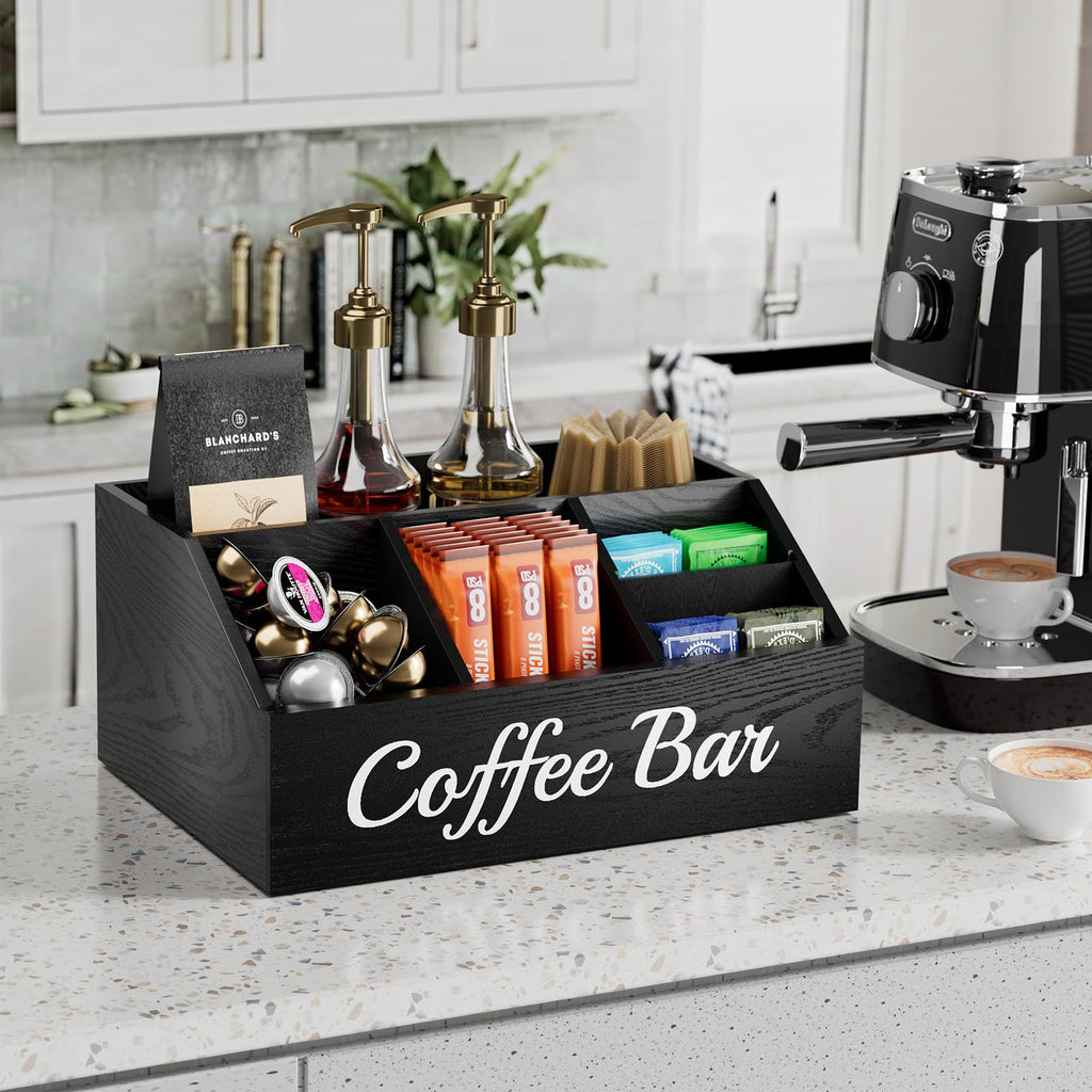 Coffee Station Organizer for Countertop – Wooden Coffee Bar Organizer with Adjustable Dividers,Holds K Cup Pod & syrup bottles, for Kitchen, Office, or Bar and Tea Station, Black