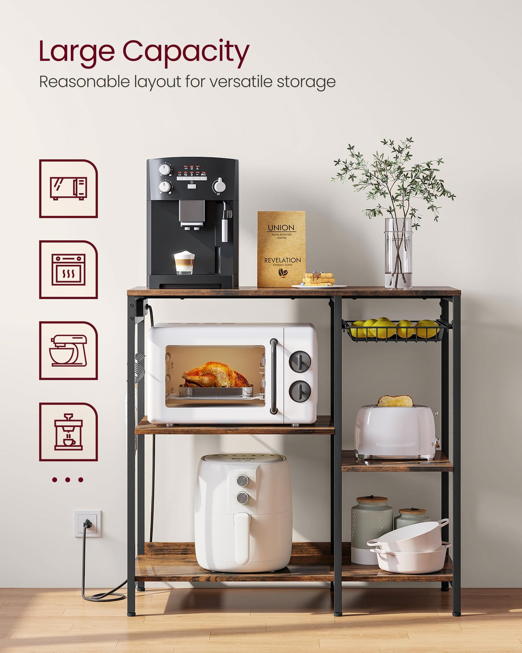 VASAGLE Baker's Rack, Coffee Bar Stand with Charging Station, 35.6 Inches Tall, Storage Shelves, Pull-Out Wire Basket, Table for Microwave, Kitchen, Rustic Brown and Ink Black UKKS036K01
