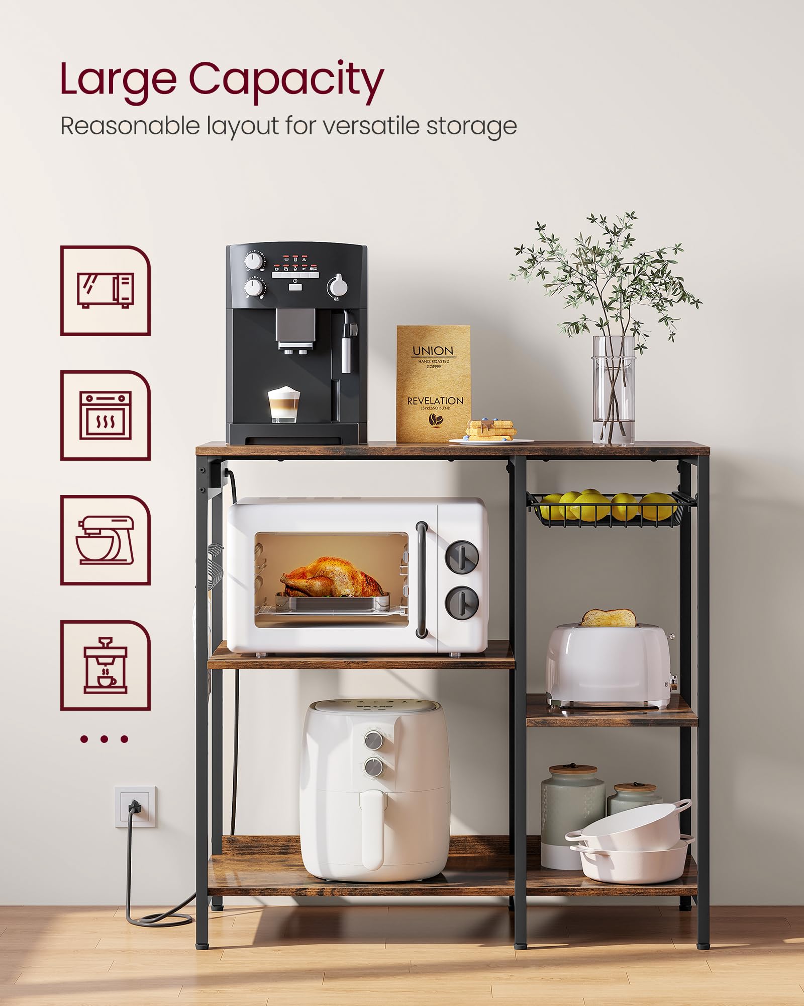 VASAGLE Baker's Rack, Coffee Bar Stand with Charging Station, 35.6 Inches Tall, Storage Shelves, Pull-Out Wire Basket, Table for Microwave, Kitchen, Rustic Brown and Ink Black UKKS036K01