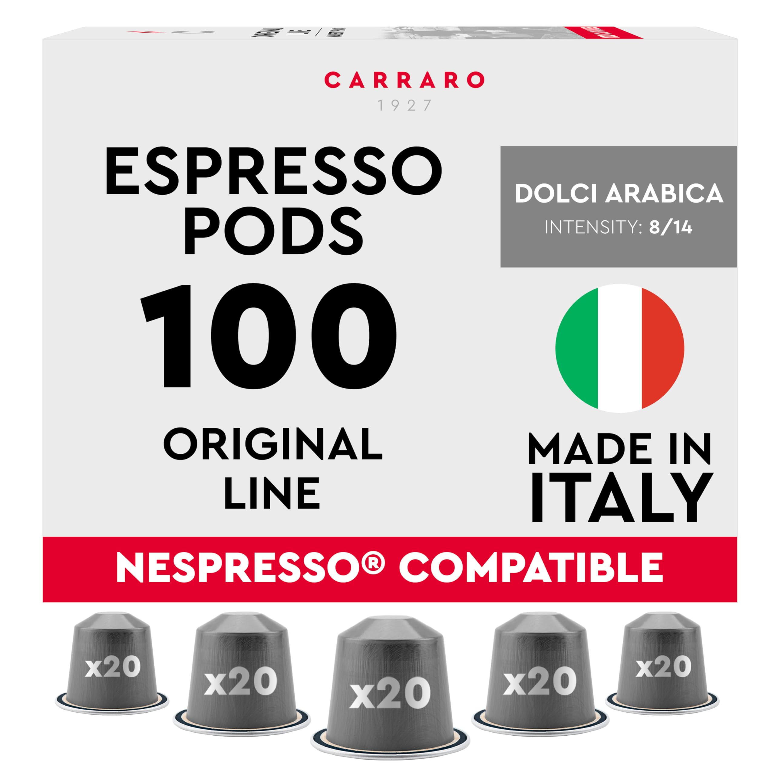 CARRARO Variety Pack - 100 Premium Espresso Pods Compatible with Nespresso Original Machines - Medium & Dark Roast Espresso Aluminum Capsules, 10 Packs - 100 Servings, Made in Italy