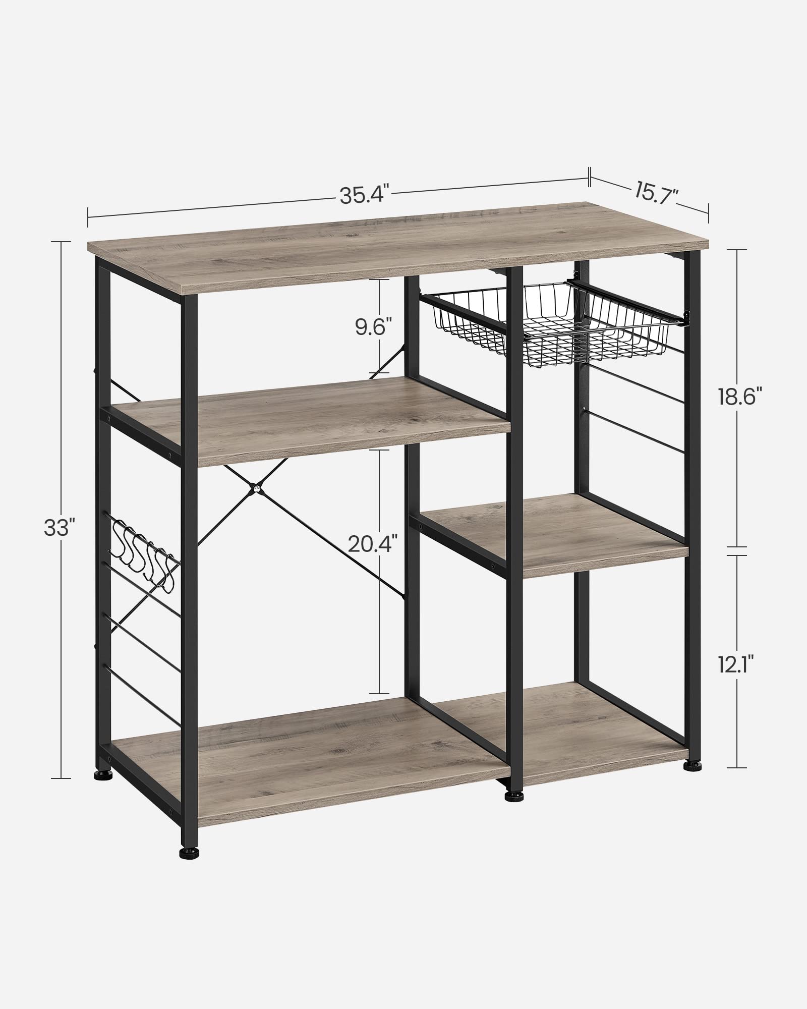 VASAGLE Baker's Rack, Coffee Bar Stand with Charging Station, 35.6 Inches Tall, Storage Shelves, Pull-Out Wire Basket, Table for Microwave, Kitchen, Rustic Brown and Ink Black UKKS036K01