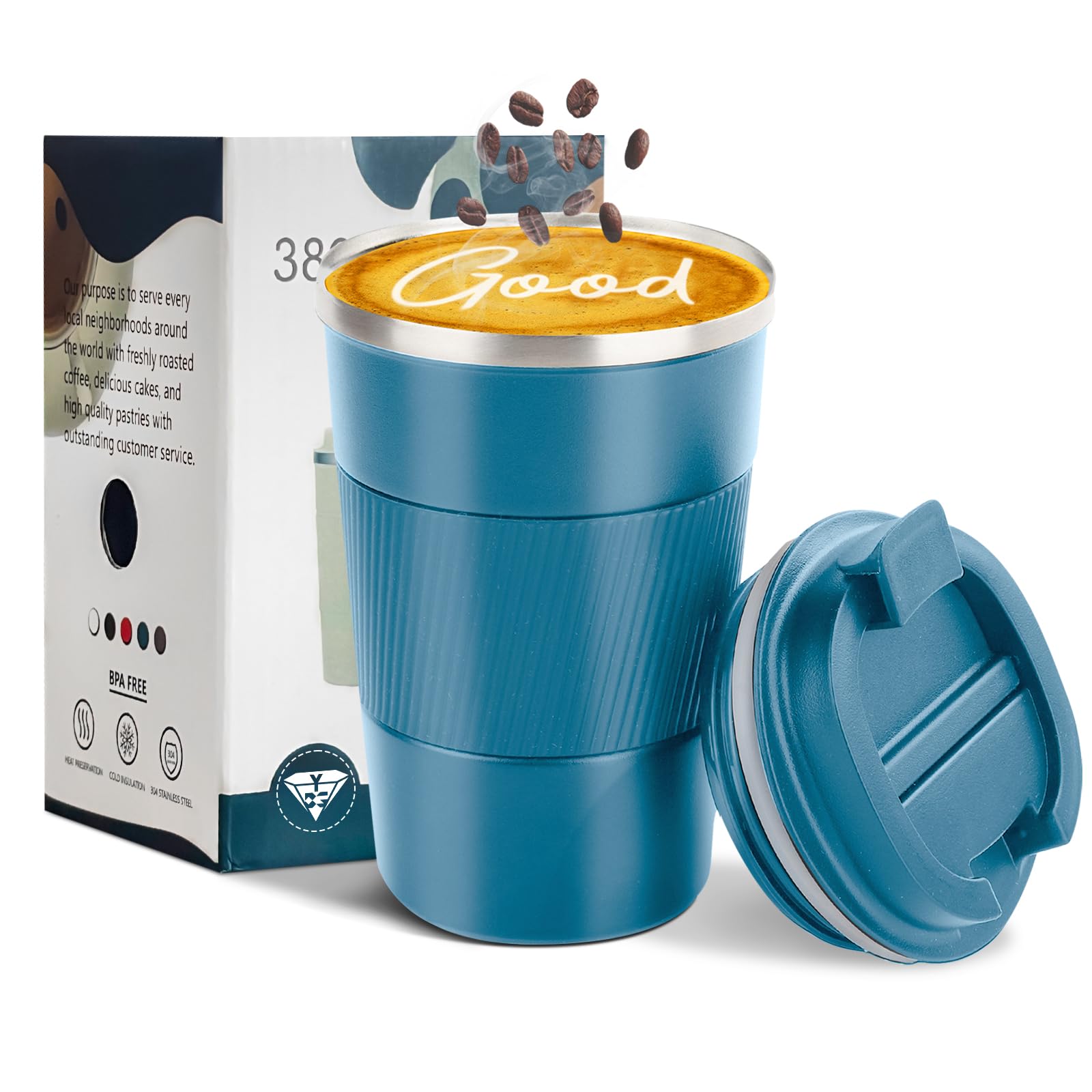 YINBAOGE Insulated Travel Coffee Mug, Spill & Leak Proof, Portable To Go Camping Stainless Steel Coffee Tumbler, Reusable Thermal Coffee Cup with Lid for Hot & Cold Drinks (Black, 12 OZ)
