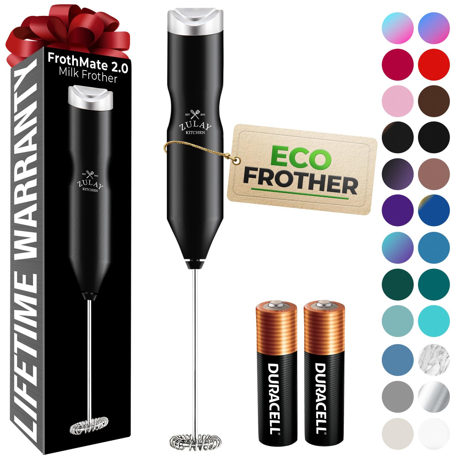 Zulay Kitchen Powerful Milk Frother AA Batteries Included – Ultra Fast Handheld Drink Mixer with Stainless Steel Whisk Stirrer for Coffee, Protein, Matcha & More, Frother Wand Electric Frothmate Black