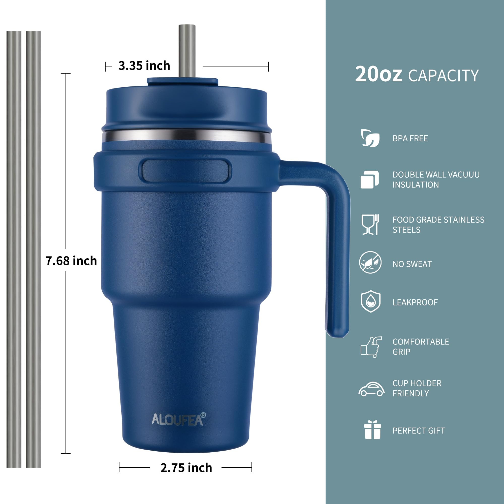 20 oz Insulated Coffee Mug Tumbler with Handle, Stainless Steel Travel Mug Tumbler with Lid and Straw,Double Wall Vacuum Leak Proof Ice Coffee Thermal Cup, Black
