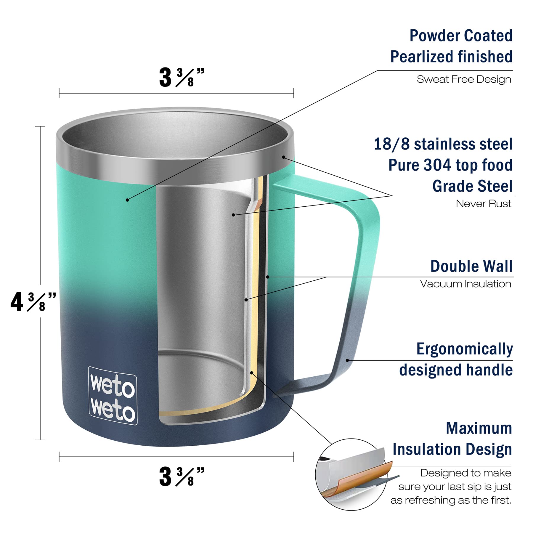 WETOWETO Coffee Mug with Handle, 14oz Insulated Stainless Steel Coffee Travel Mug, Double Wall Vacuum Reusable Coffee Cup with Lid, Powder Coated Rose Gold