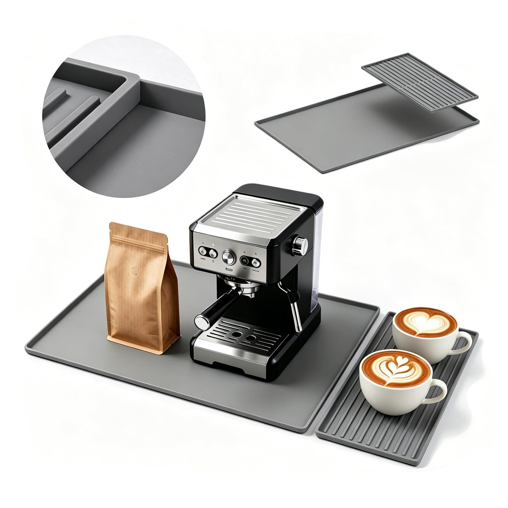 Silicone Coffee Bar Mat 24 x 16 in with Drying Tray, Classic Black | 24 x 16 in food-grade silicone mat for home/coffee bar; removable tray, raised rim, smooth base adds grip, heat insulation