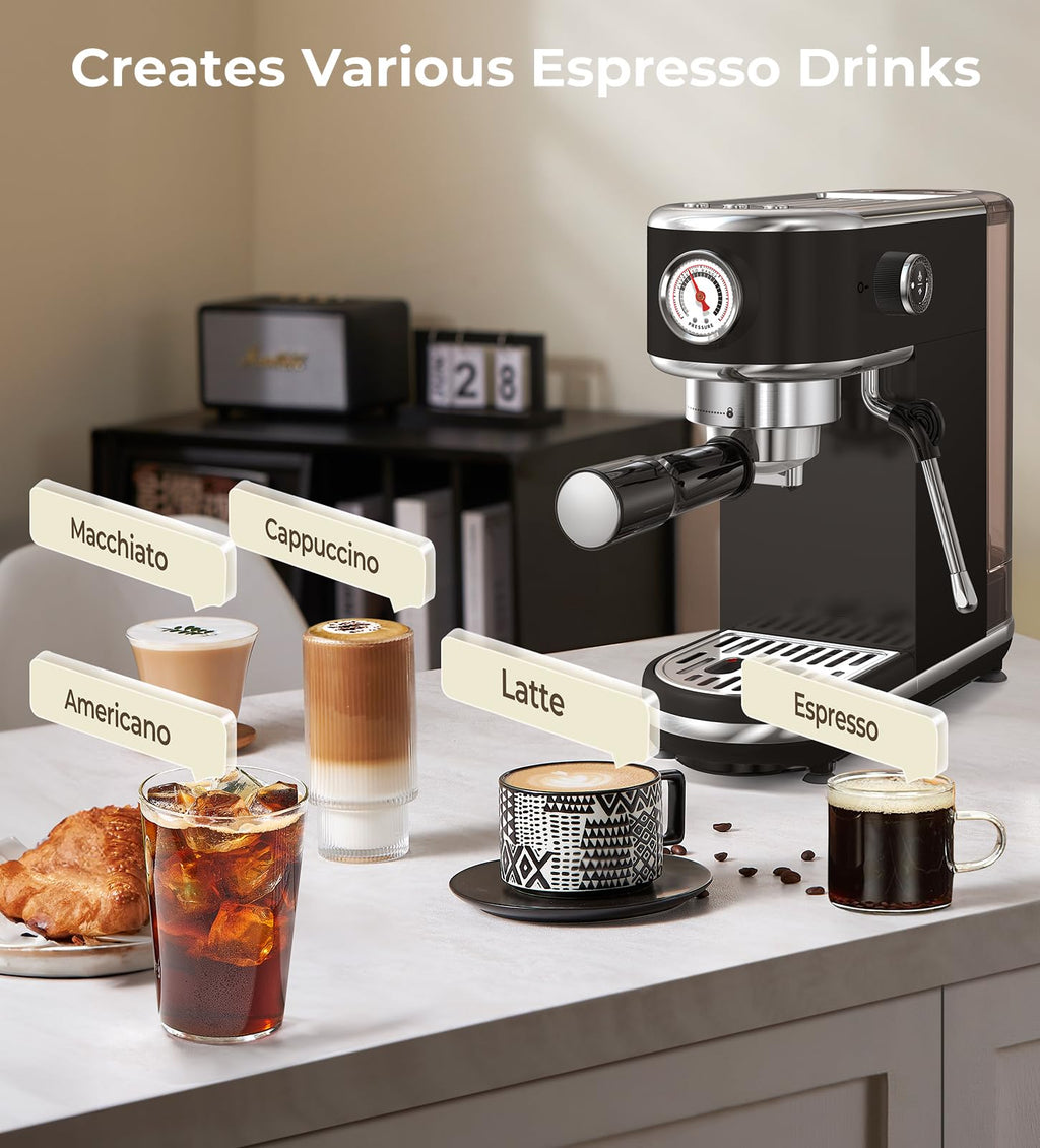 atatix Espresso Machine with Milk Frother, 20 Bar Pressure Espresso Maker, with 44OZ Removable Tank, Compact Stainless Steel Coffee Machine for Home, Office, Latte, Cappuccino, Macchiato, Silver
