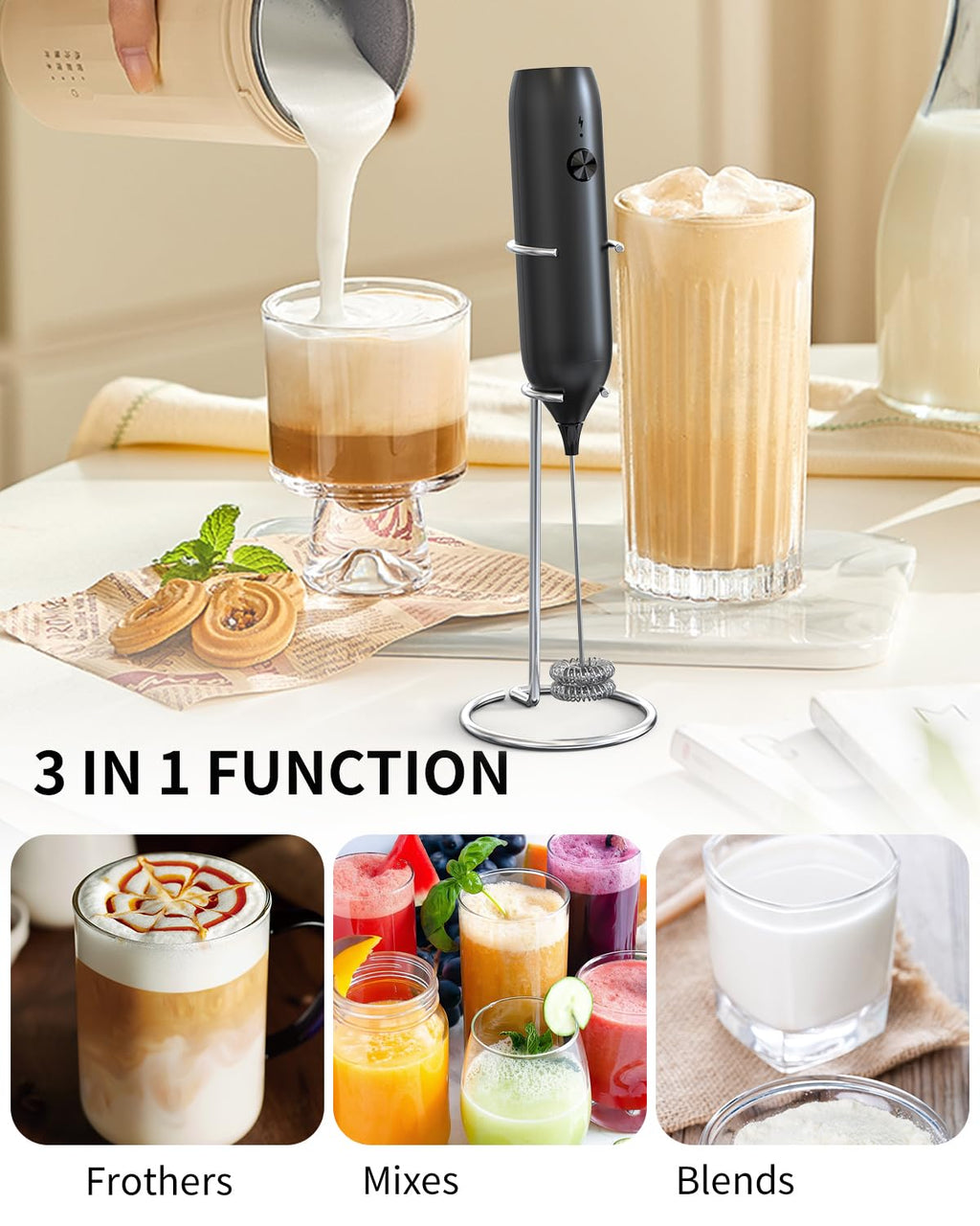 CIRCLE JOY Rechargeable Milk Frother Hanheld, Dual Coil Whisk Head Electric Coffee Frother, Portable Hand Frother Wand Drink Mixer for Matcha Lattes Cappuccino, Kitchen Gifts, Black