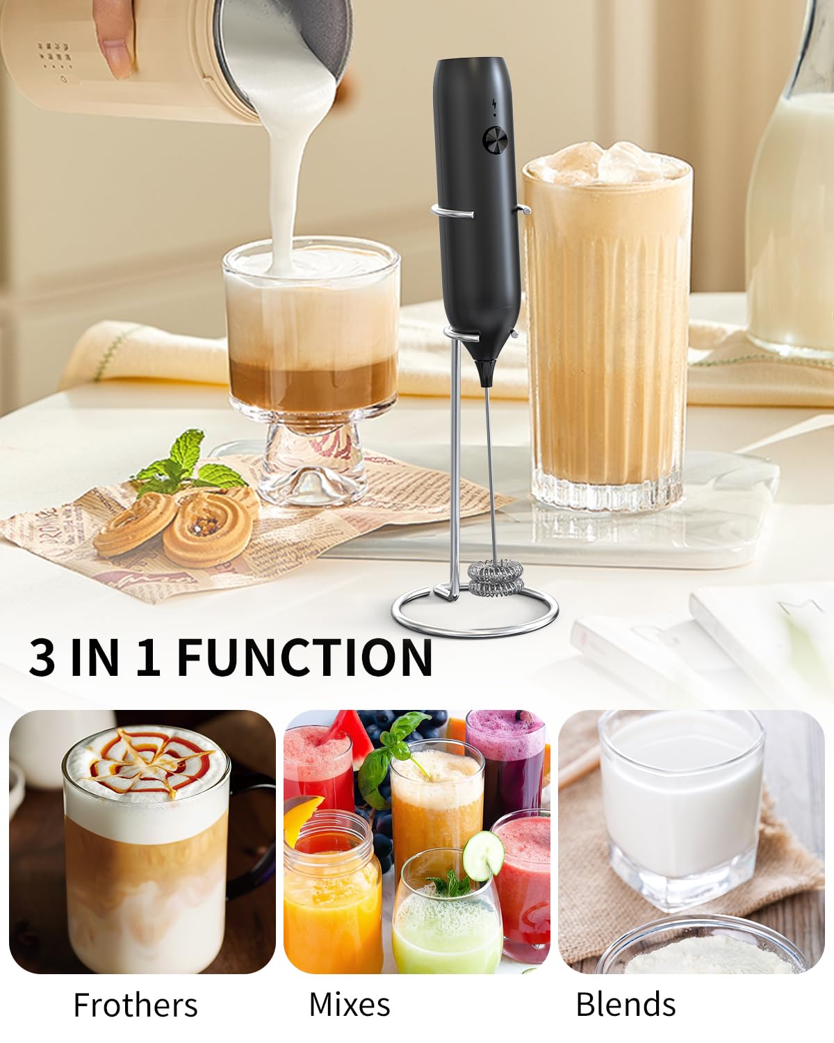 CIRCLE JOY Rechargeable Milk Frother Hanheld, Dual Coil Whisk Head Electric Coffee Frother, Portable Hand Frother Wand Drink Mixer for Matcha Lattes Cappuccino, Kitchen Gifts, Black
