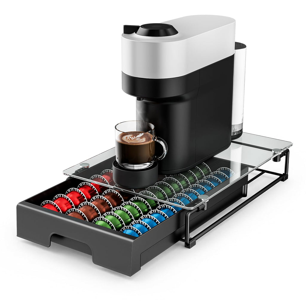 EVERIE Nespresso Vertuo Pod Holder Drawer, Coffee Pod Organizer with Universal Slots, Holds 40 Large or 52 Small Capsules, Tempered Glass Top Storage Drawer for Coffee Makers, 12" x 16.5" x 3.5"