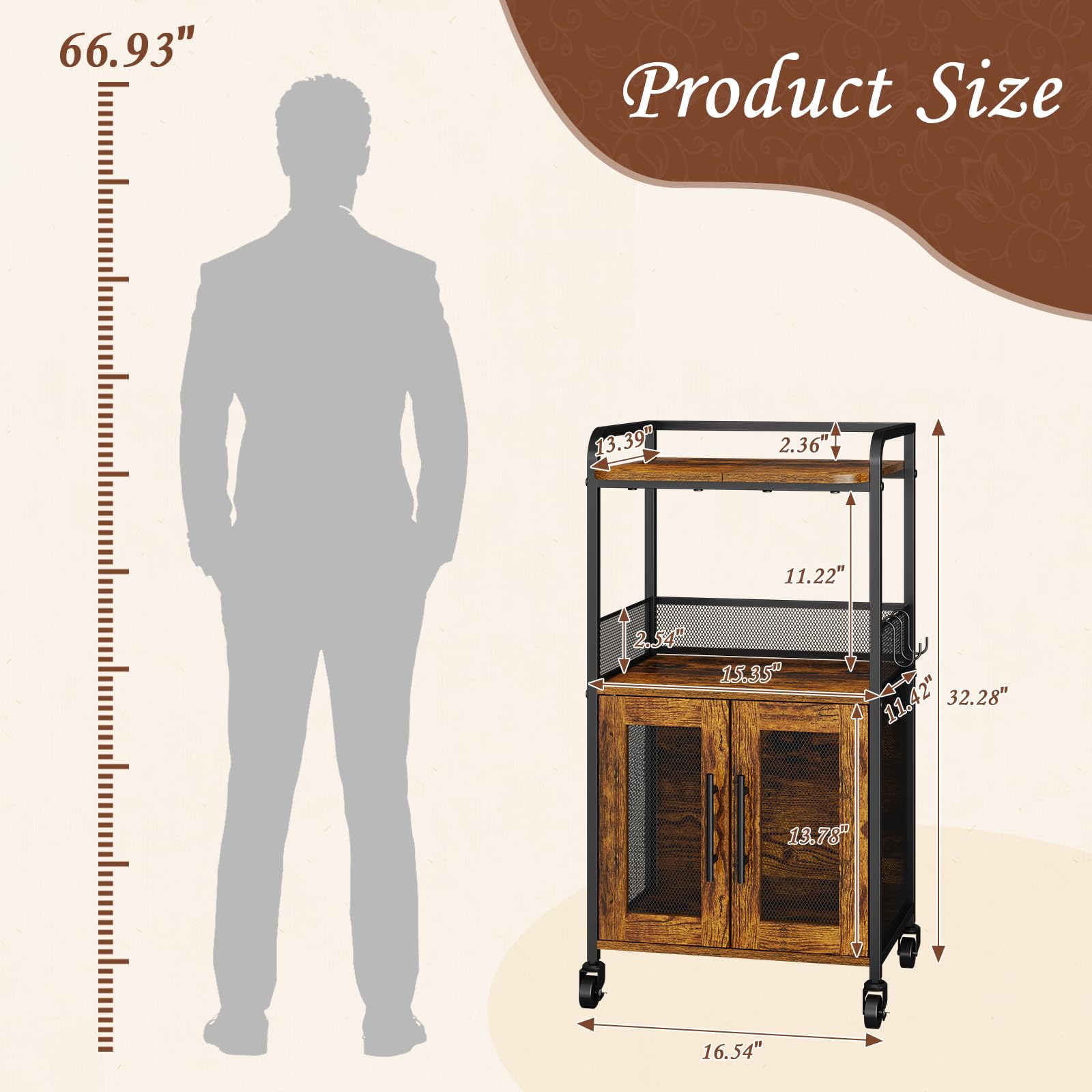 Hencawima Coffee Bar Cabinet, 3 Tier Coffee Station Table on Wheels, 35.9" H Bar Cart with Wire Basket Drawer & 5 Hooks for Home Kitchen, Liquor Buffet Sideboard Cabinet (Rustic Brown)