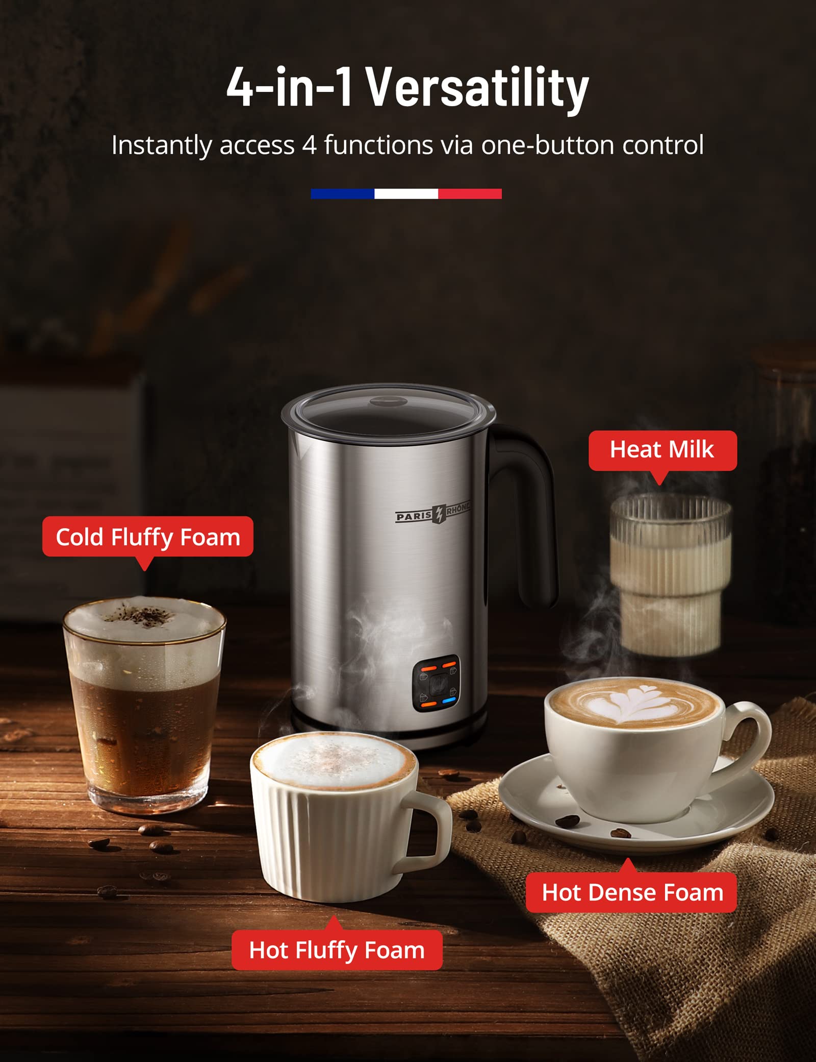 Electric Milk Frother, Paris Rhône 4-in-1 Milk Steamer and Frother, Hot & Cold Foam Milk Warmer with Temperature Control, Auto Shut-Off Frothers for Coffee, Latte,Macchiato, Cappuccino